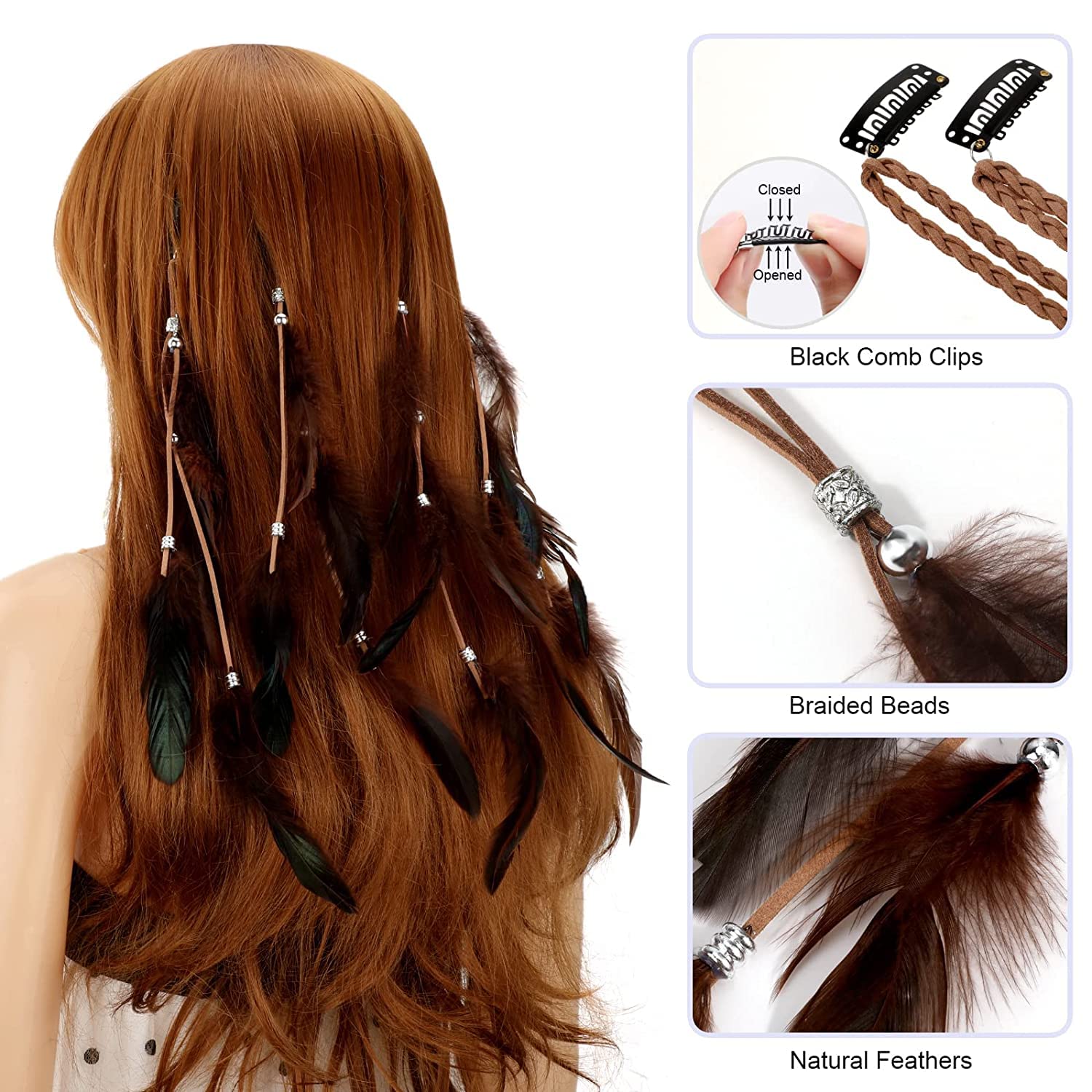 MWOOT 4 Pezzi Mollette per Capelli Piuma, Estensioni dei Capelli Piuma Bohémien Indiano, Accessori per Capelli Hippie, Decorazione dei Capelli per Festival Halloween Tema del Partito Marrone Cachi
