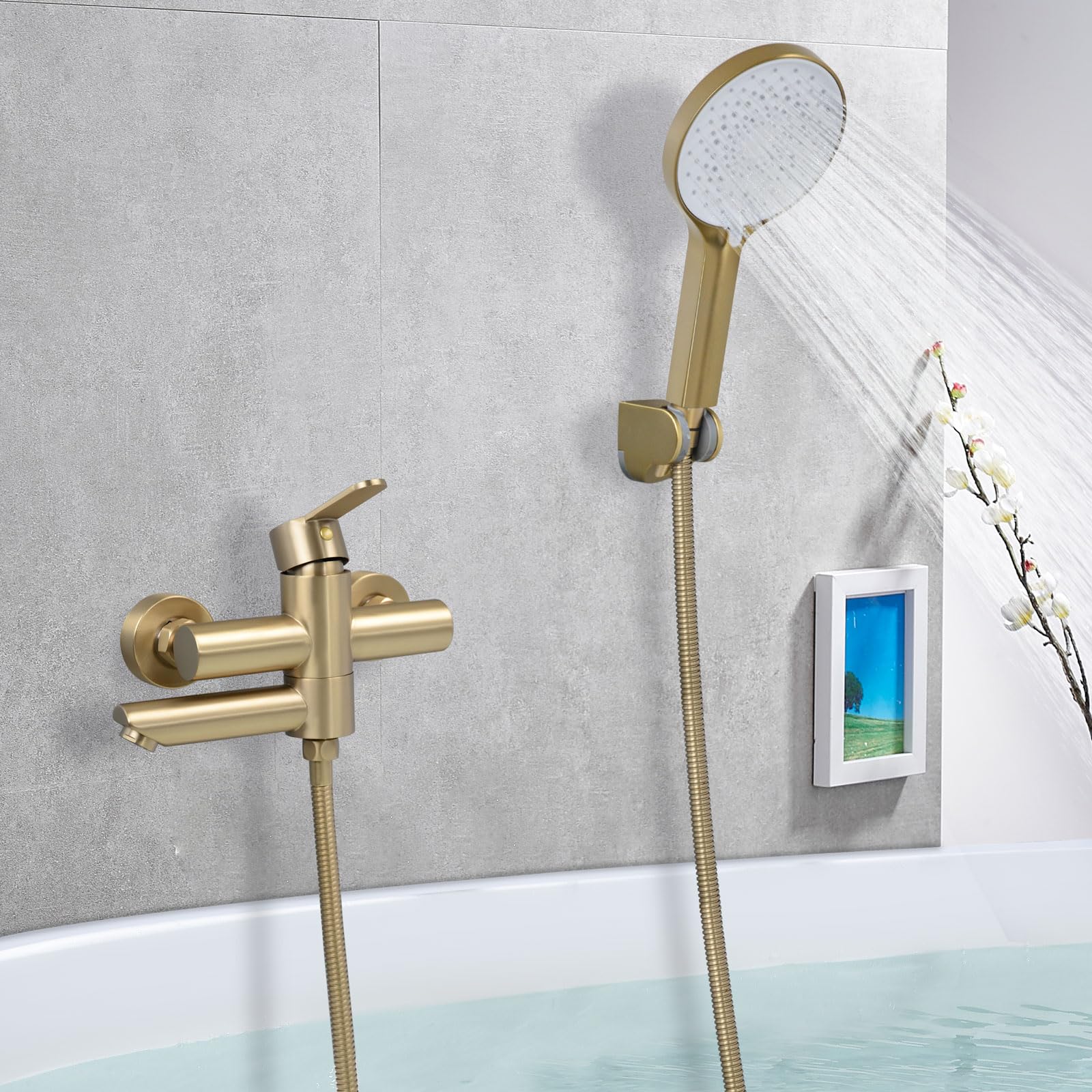 PHASAT grifo de bañera con ducha de mano de acero inoxidable juego de ducha de pared grifo de bañera de baño oro caño giratorio de 90 ° PTBG04E