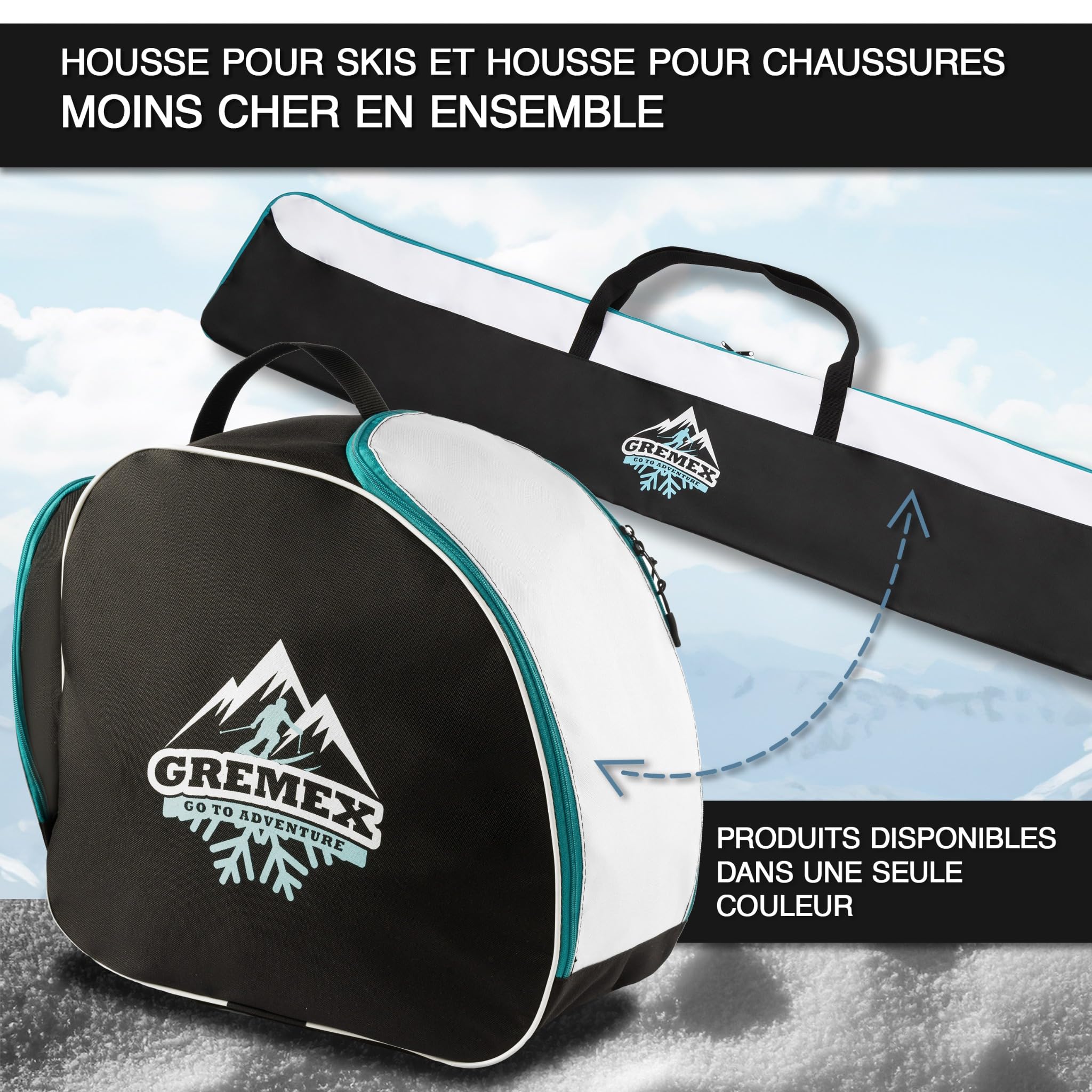 Set Sac de Ski et Sac pour Chaussures - Sac de Ski Robuste - Set Housse de Ski - Sac imperméable pour Chaussures de Ski avec Casque - Housse de Ski pour 1 Paire de Skis - Accessoires de Ski