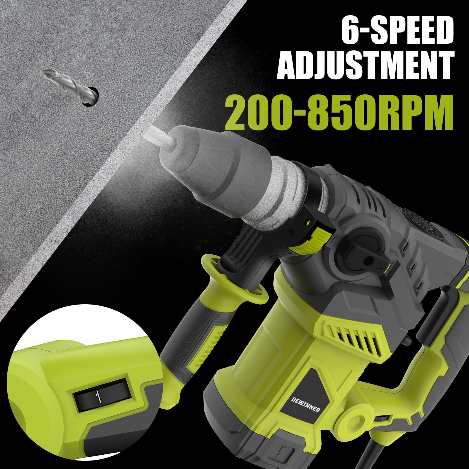 DEWINNER Marteau Perforateur SDS-Plus,1500 W, 6 Vitesses, 850RPM, 4400BPM, 5.5J, Embrayage de Sécurité & Technologie Anti-vibration, 3 Fonctions, y compris organisateur, burin et perceuse 32mm
