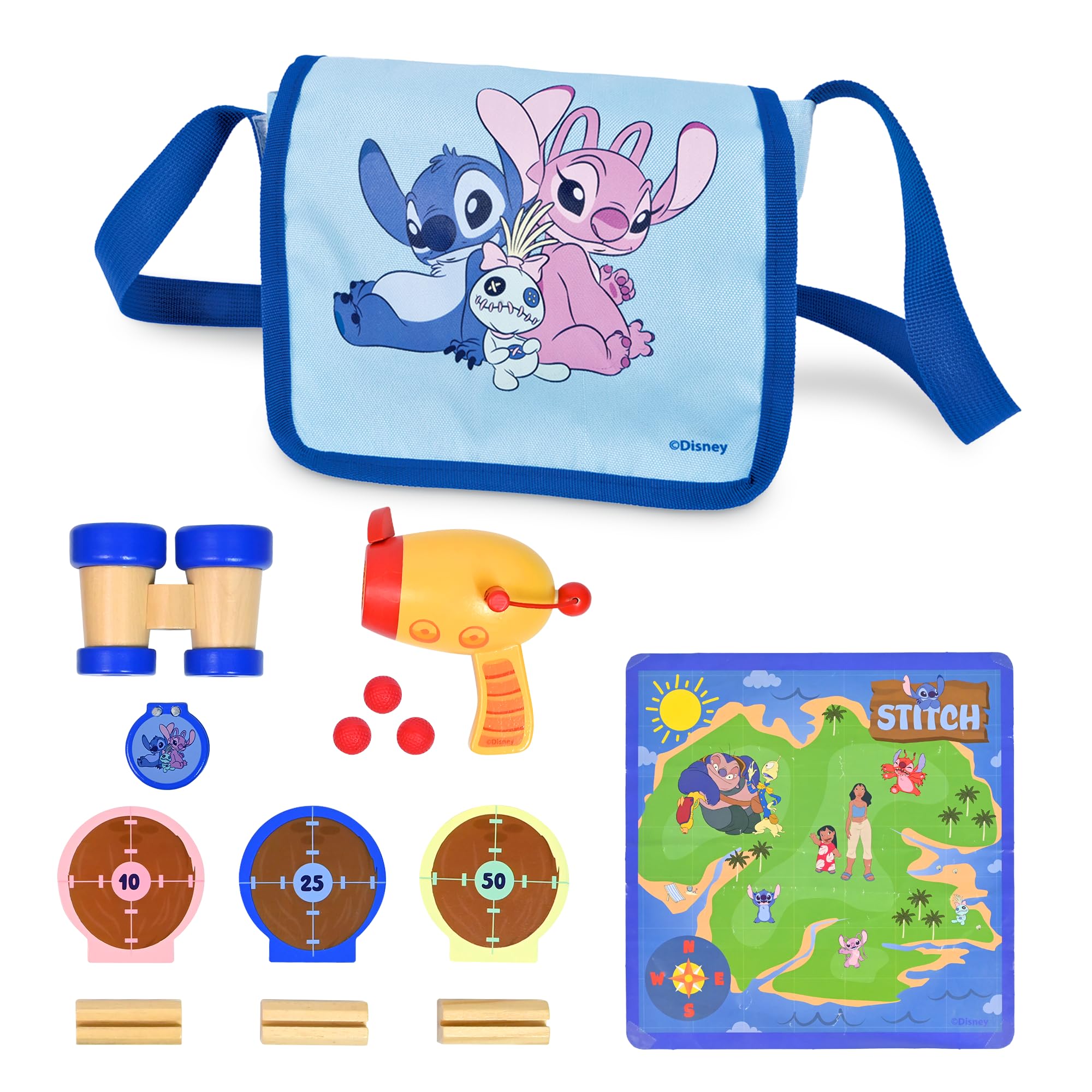 Disney Lilo & Stitch Adventure Bag Playset  Kids Target Game with Toy Blaster, Wooden Targets, Binoculars & Travel Bag  Fun Outdoor & Indoor Activity Set