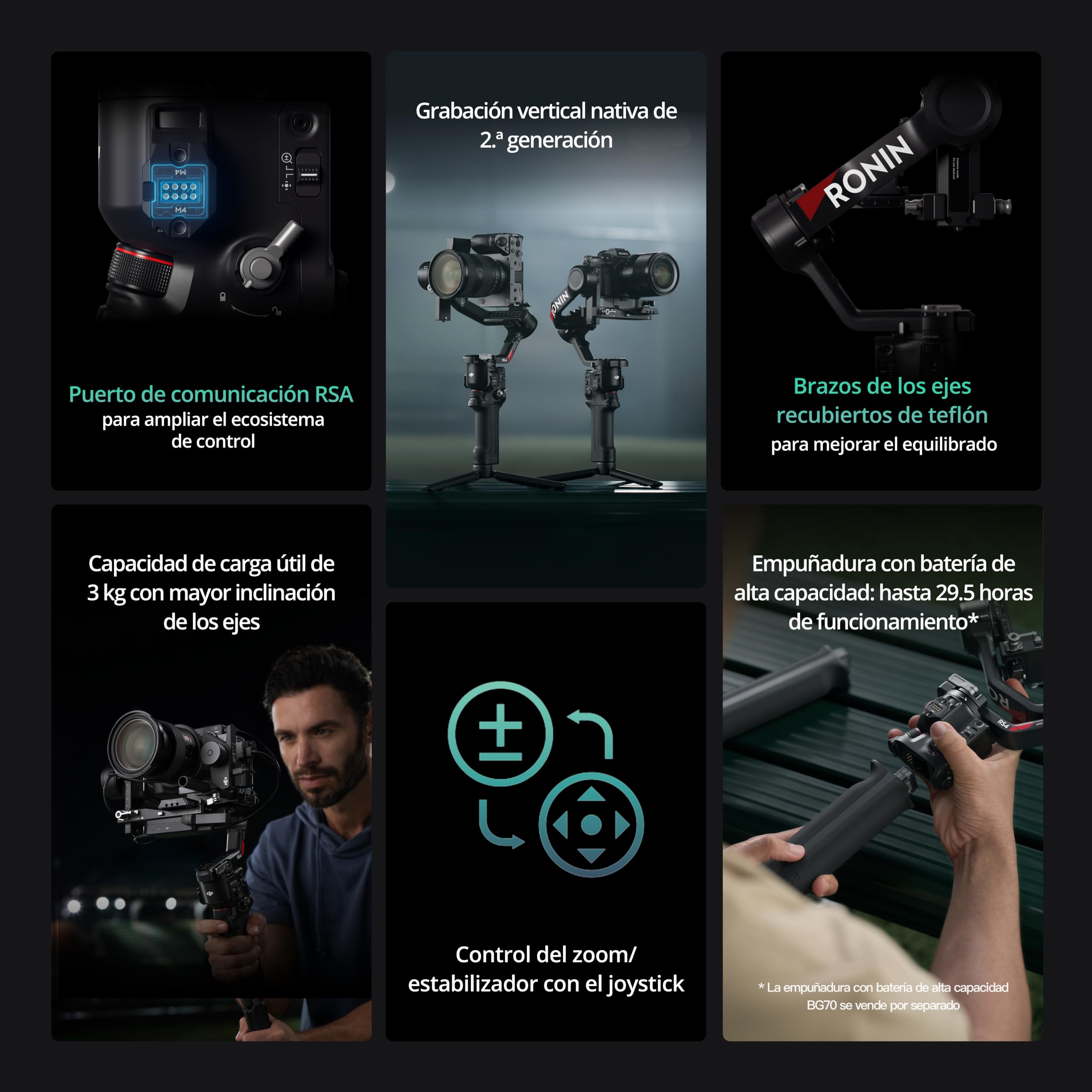 dji RS 4, estabilizador en 3 Ejes para cámaras DSLR y sin Espejo Canon/Sony/Panasonic/Nikon/Fujifilm, con grabación Vertical nativa de 2.ª generación, Joystick de Cambio de 2 Modos, Brazos de teflón