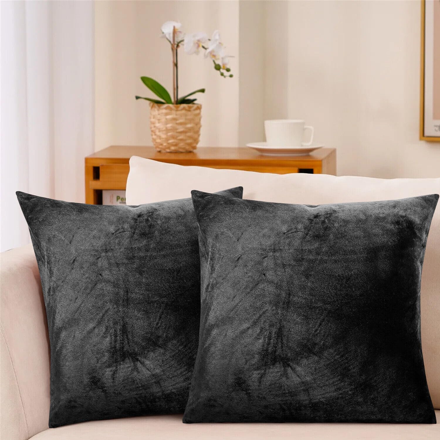 Insafians Black Decorative Crushed Velvet Cushion Covers 45Cm X 45Cm/Square Throw Pillowcases For Sofa Bedroom With Invisible Zipper 18X18 Inch (2, )