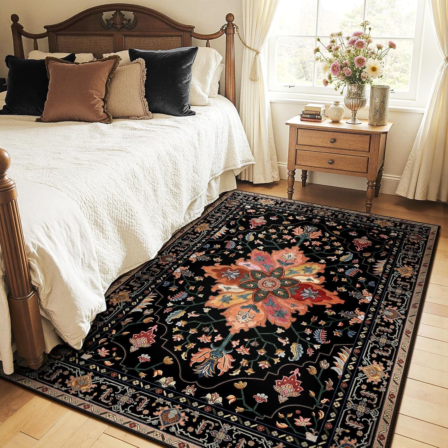 Moquette chambre antidérapante floral noir, tapis salon lavable 90x150