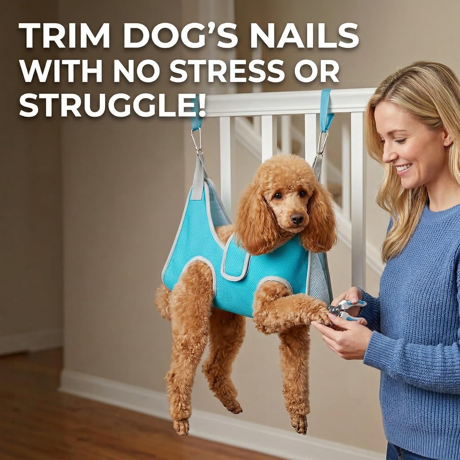 Dog Grooming Hammock, Adjustable Restraint Sling for Nail Trimming, Hands-Free Grooming Harness for Easy Bathing, Haircuts & Claw Care at Home, Blue M