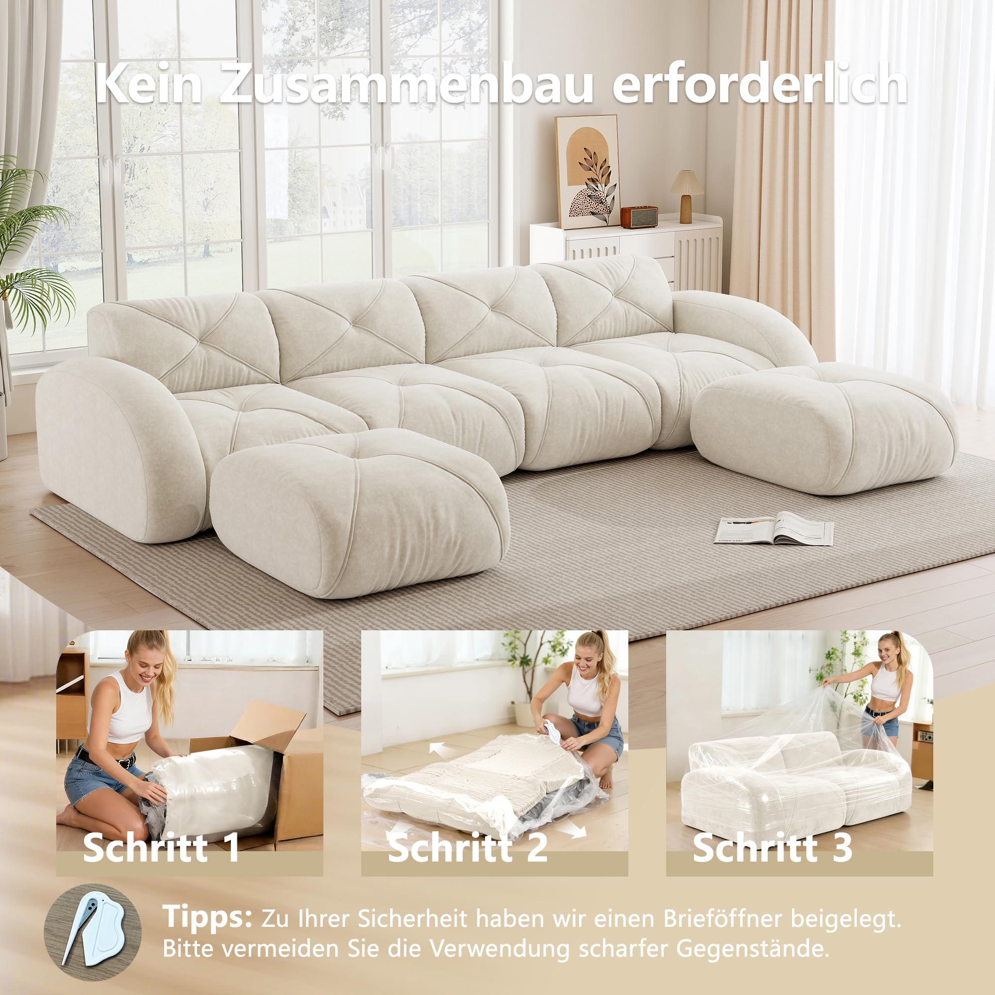 Sofá modular en forma de U de 4 plazas con 2 taburetes, sofá nube sin marco de chenilla, sofá de salón suave, antideslizante, flexible, combinable, sin montaje, salón blanco