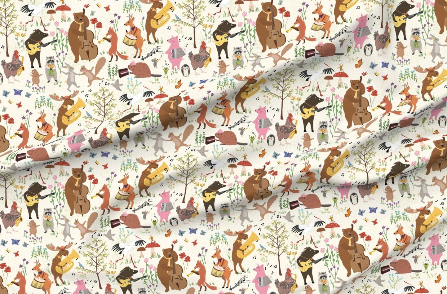 Spoonflower Fabric - Woodland Animals Whimsical Party Colorful Kids Garden Celebration Printed on Petal Cotton Fabric Fat Quarter - Sewing Quilting Apparel Crafts Decor