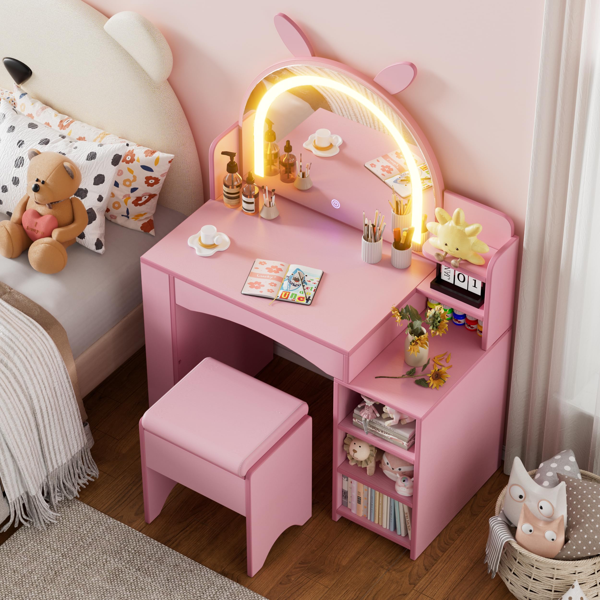 MSFE Mesa de Maquillaje con Espejo y luz LED para Niñas 3 en 1 Tocador Infantil de Madera Tocador de Mesa y Taburete de Princesa con Estante Abierto Centro de Belleza Tocador para niñas 8 años+, Rosa