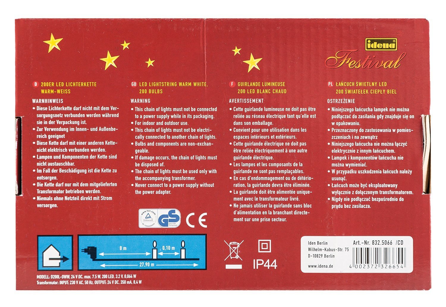 Idena LED Lichterkette für innen/außen, warm-weiß (200 LEDs, warm-weiß, 4)