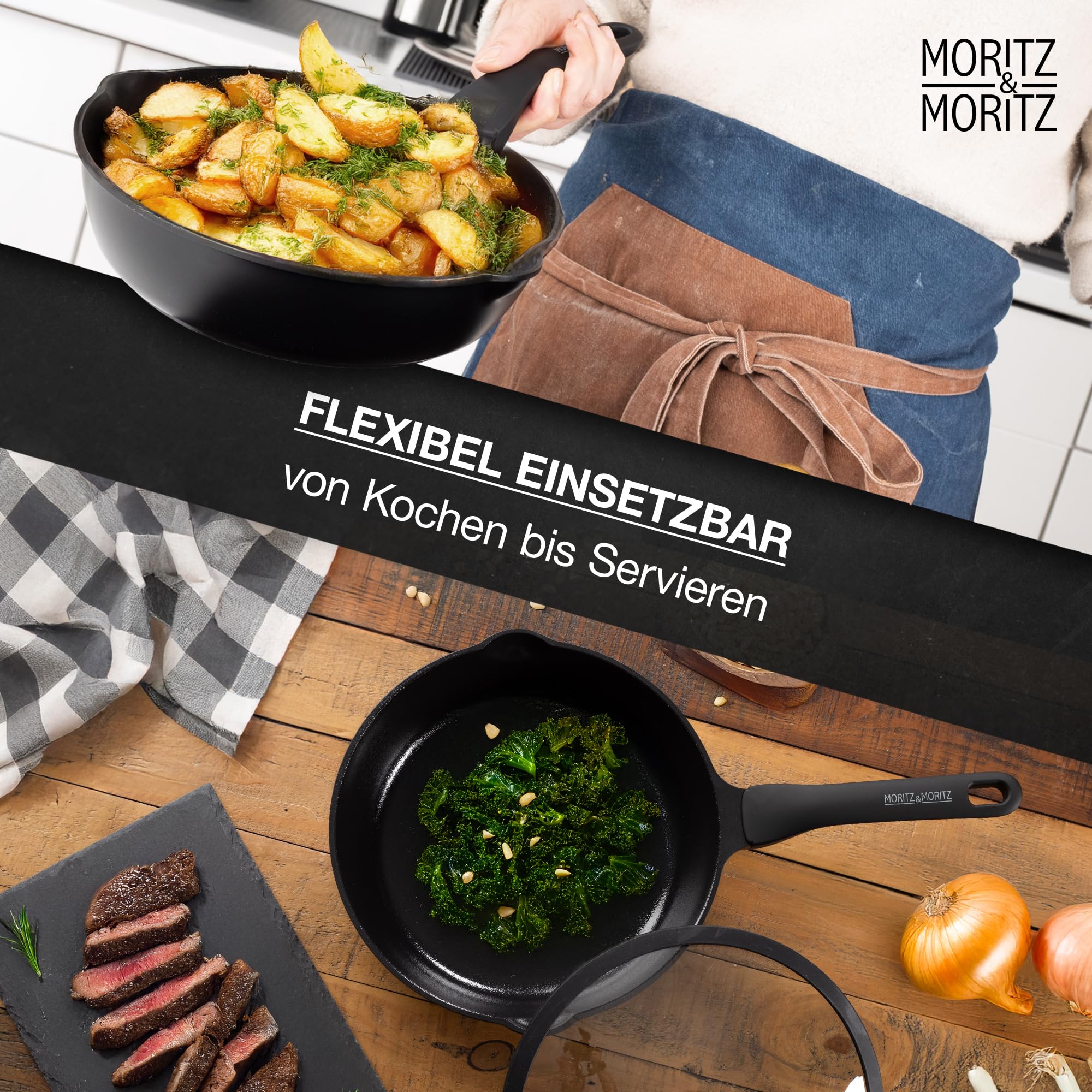Moritz & Moritz Keramik Pfanne mit Deckel 26cm - frei von PFAS, PFOA & PTFE - Antihaft Bratpfanne 26cm - Schmorpfanne für alle Herdarten geeignet - Ideal zum Braten, Schmoren und Servieren - Schwarz