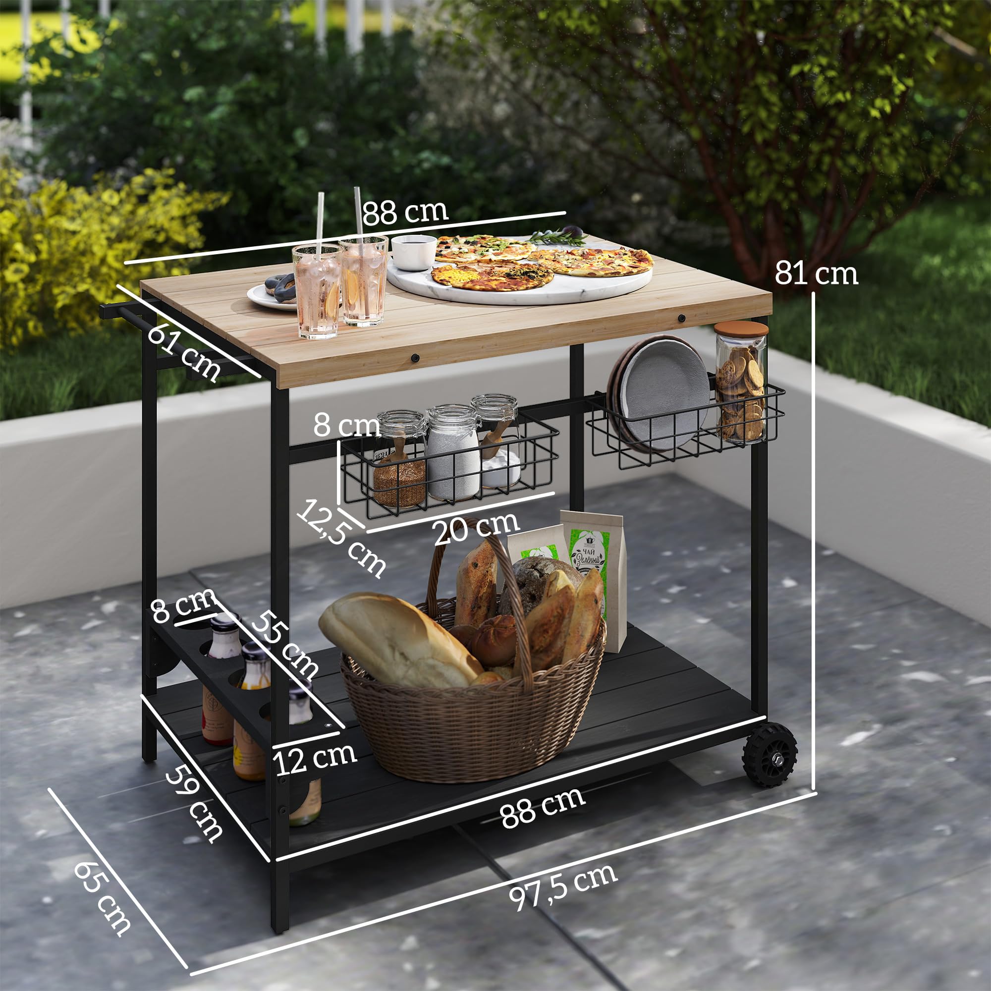 Outsunny Camarera con Ruedas de Madera Carro de Servicio con 2 Estantes 2 Cestas Metálicas y Soportes para Botellas para Jardín Terraza Patio 97,5x65x81 cm Natural y Negro