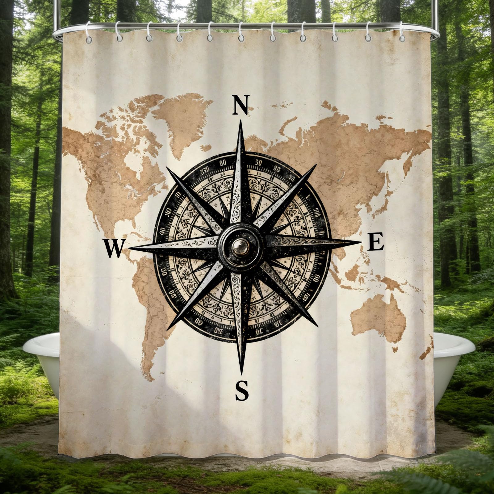 Hongduo 3D Retro Compass Shower Curtain for Stalls Bathtubs Adventure Bathroom Decor Shower Curtain Set Polyester Fabric Waterproof 180x180cm/71X71 Inch with Hooks