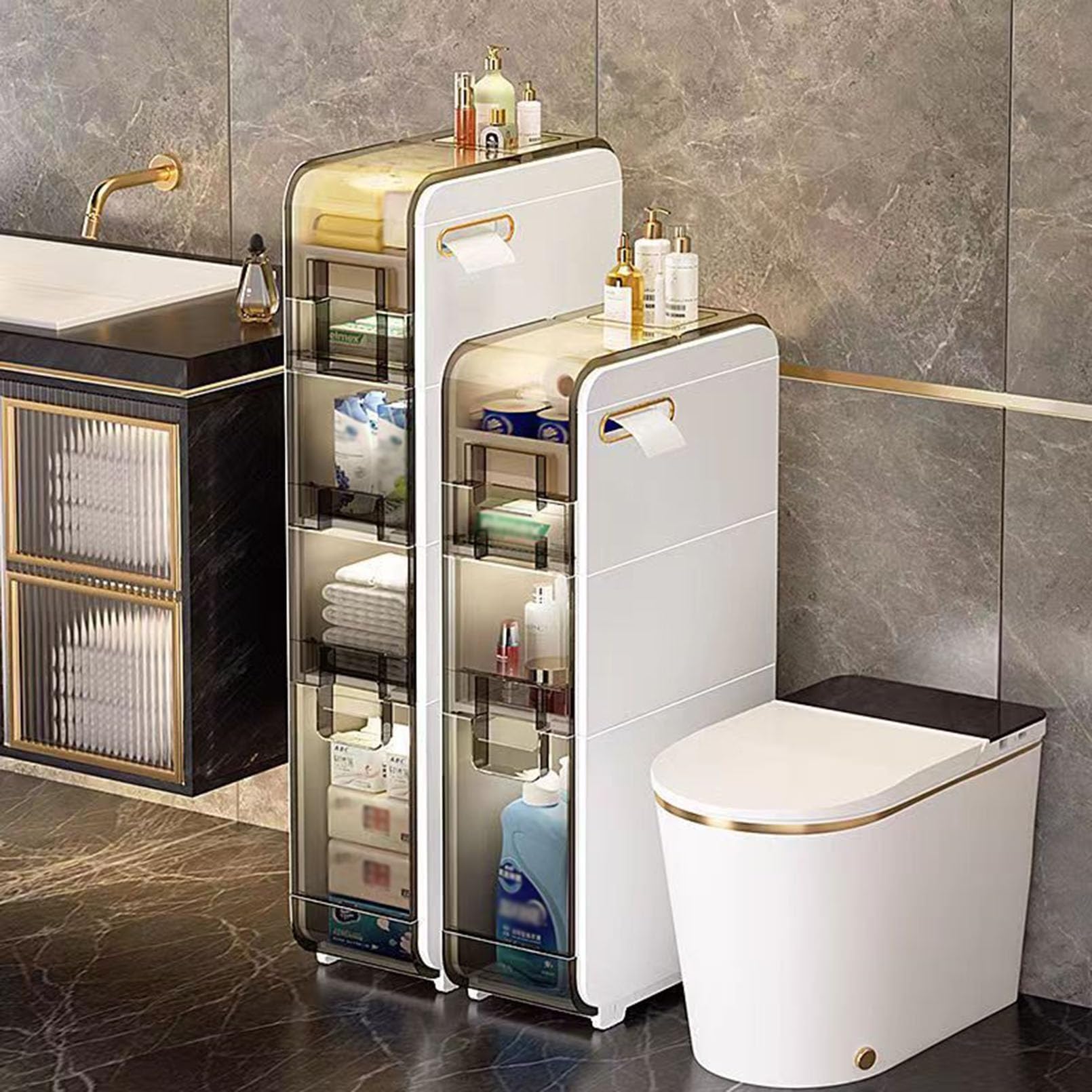 Armadietto da bagno sottile con porta carta igienica, 3 ripiani, per asciugamani e oggetti quotidiani, autoportante, salvaspazio, per uso domestico