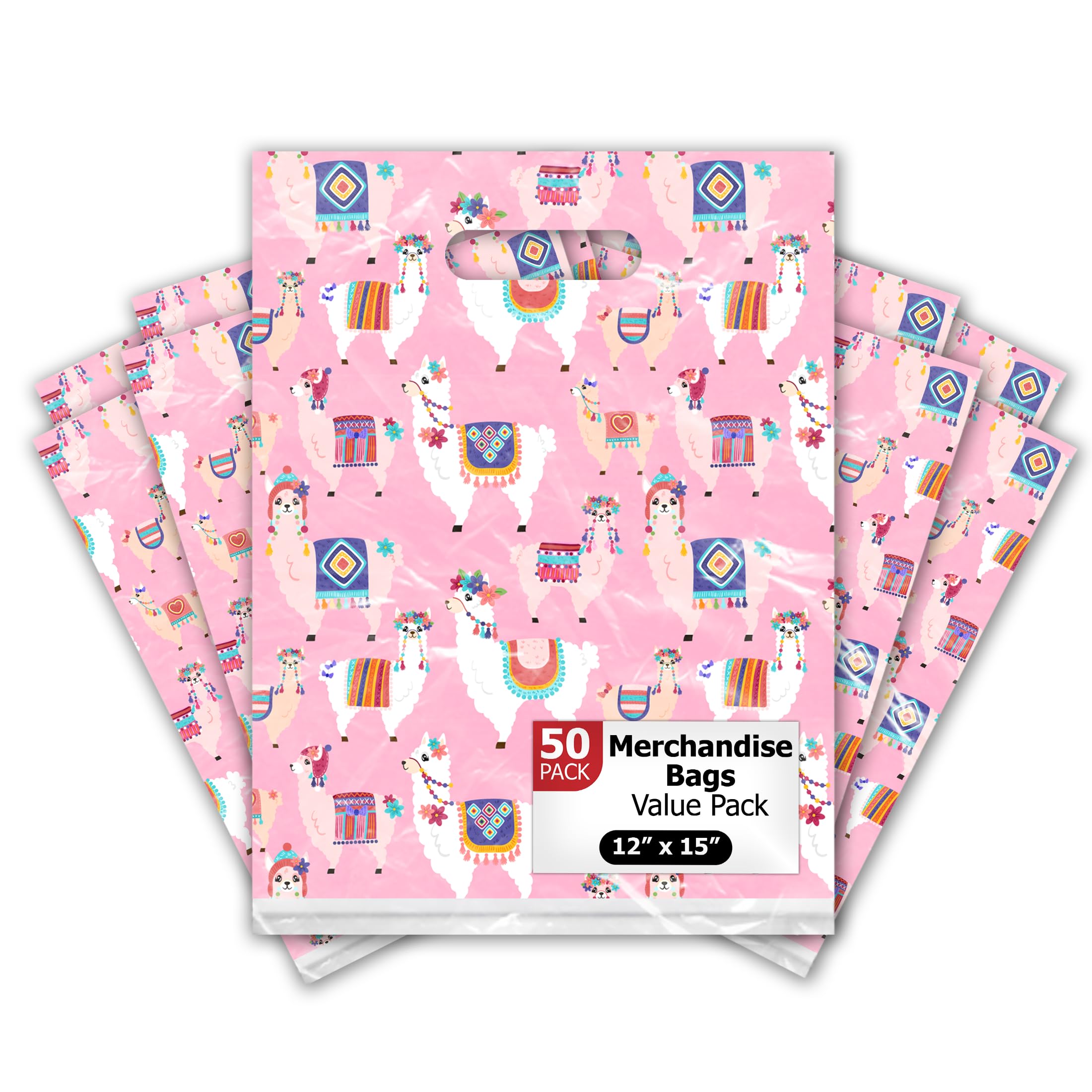 12x15 50 Count Lovely Llama Designer Retail Boutique Merchandise Bags with Die Cut Handles Premium Printed Shopping Bags for Small Business Shop Owners