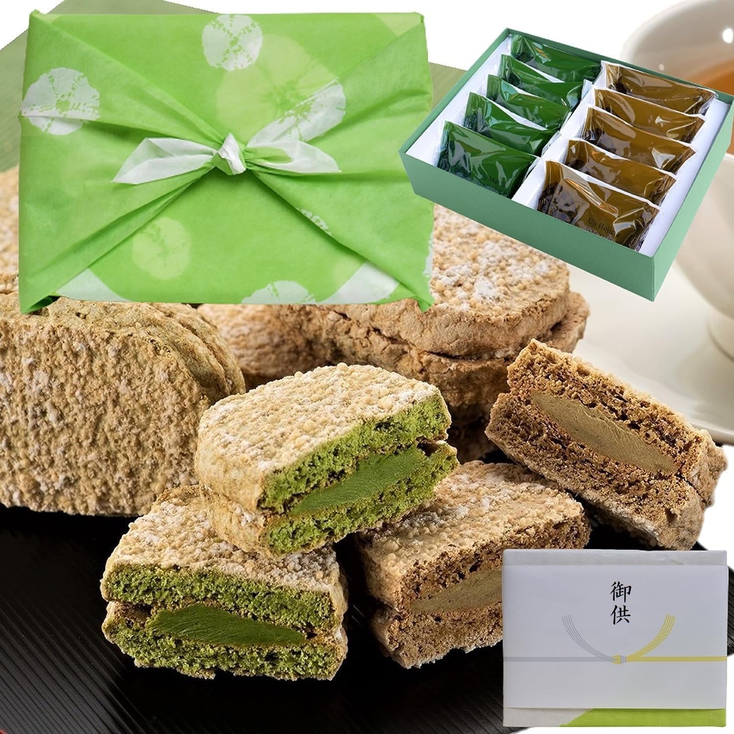 きよ泉 御供 宇治抹茶ダクワーズ ほうじ茶ダクワーズ 10個入り 風呂敷包み 熨斗付き (熨斗名入れ可) ダックワーズ 抹茶スイーツ 常温 焼き菓子 洋菓子ギフト 個包装 京都 帰省 手土産 仏事 お供え 初盆 お盆 新盆 お彼岸 御仏前ギフト