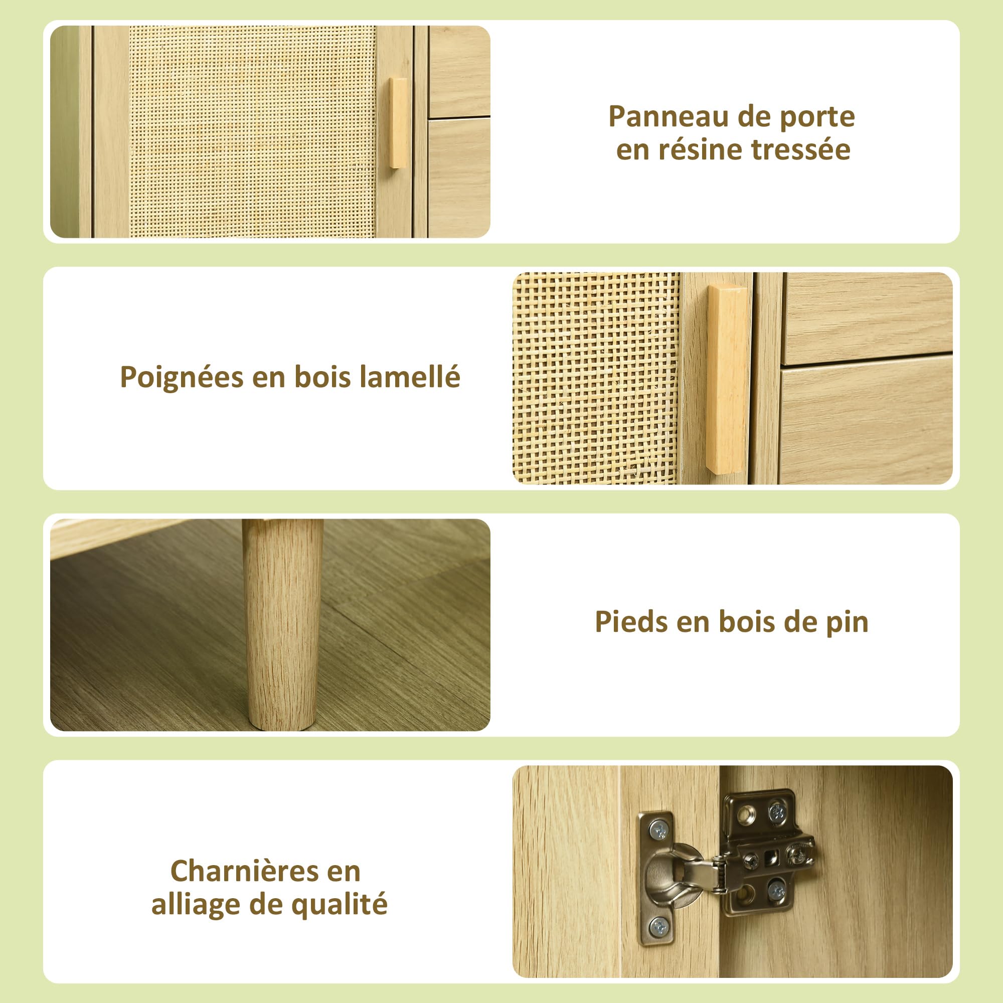 HOMCOM Credenza in rattan con anta in canna e 4 cassetti, credenza per sala da pranzo, soggiorno, camera da letto, 80 x 38 x 80,5 cm, effetto legno naturale