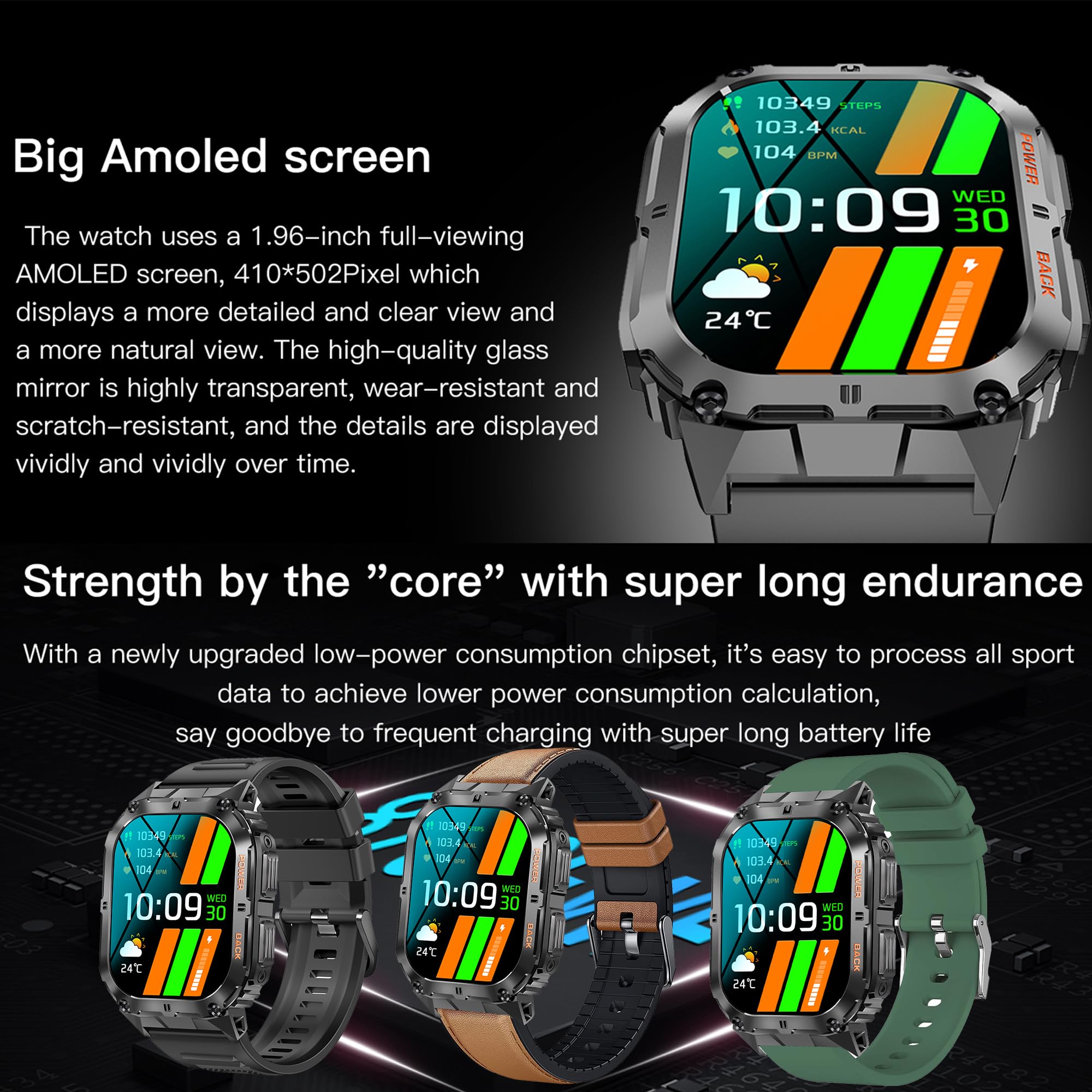 AMOLED smartwatch męski 1,96" z funkcją telefonu, wodoszczelność IP68, zegarek sportowy z 100+ trybami sportowymi, pomiar ciśnienia krwi, SpO2, tętno, krokomierz, wojskowy zegarek fitness do iOS