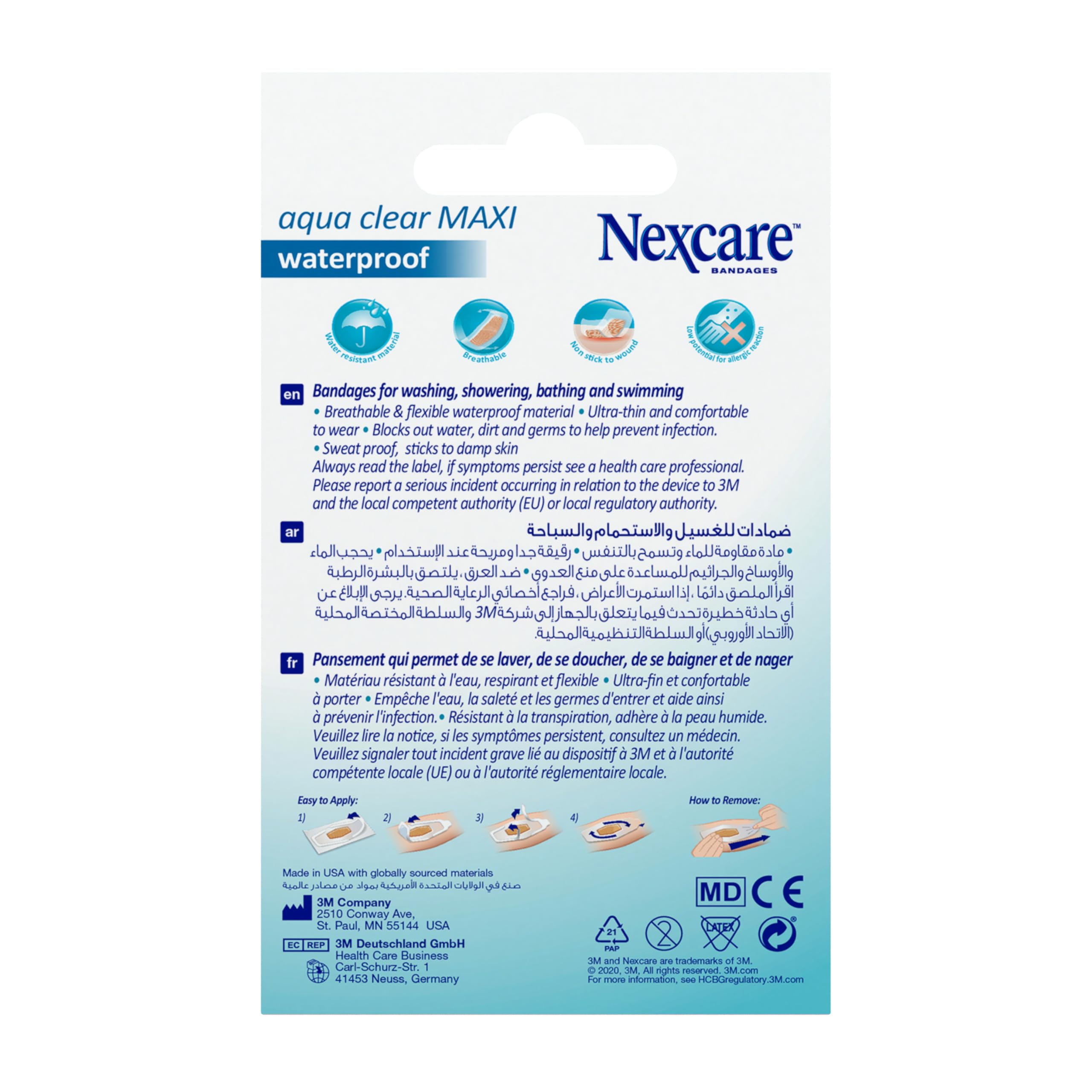 Nexcare Aqua Clear Maxi Waterproof Bandages by 3M Pack of 10, Large Transparent 100% Waterproof Plasters for Bigger Cuts & Grazes, Discreet Breathable Dressing that Stays Sealed in Water