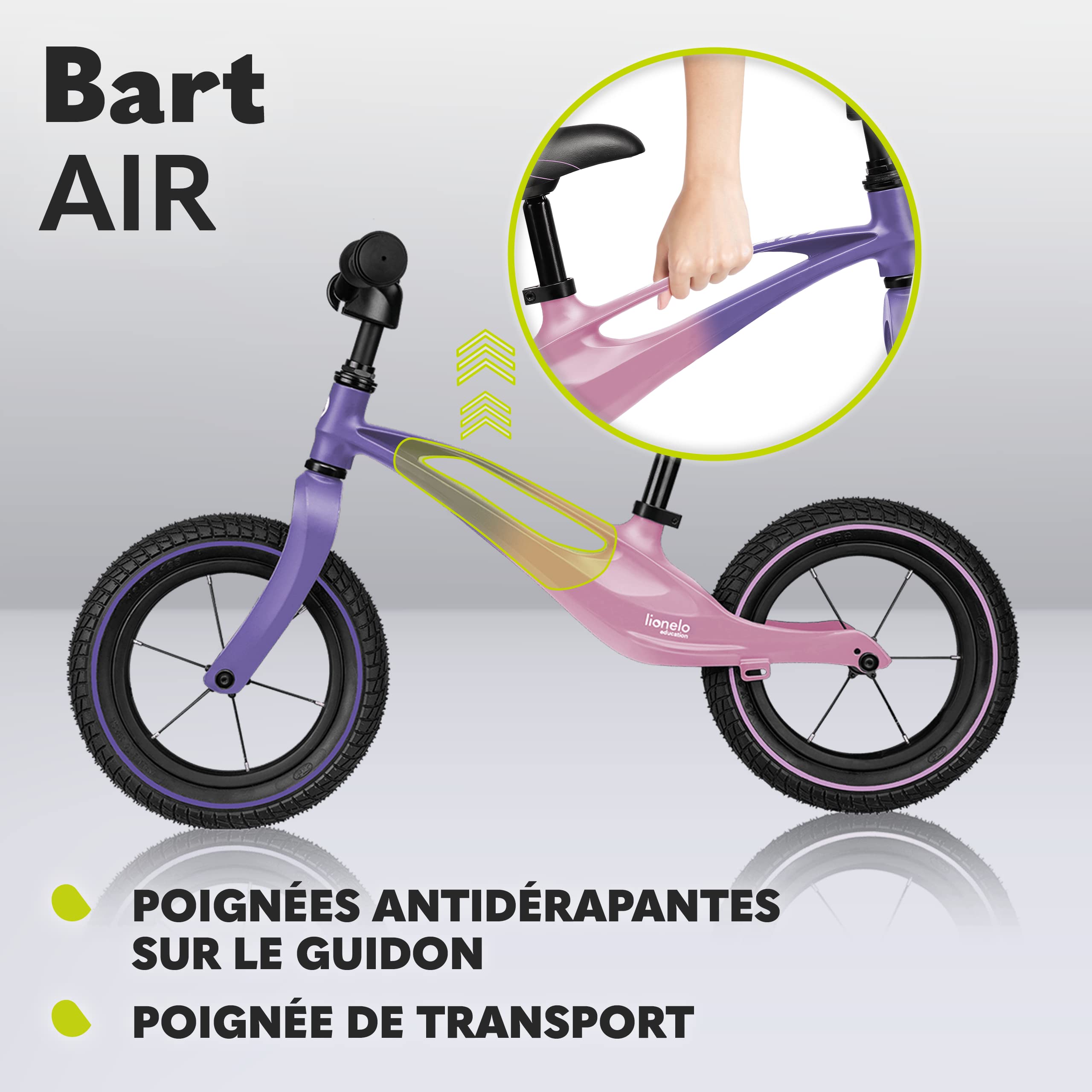 Lionelo Bart Air Draisienne 2-6 Ans, Roues 12 Pouces, Rose Violet | Pneus gonflables, cadre léger en magnésium 3,8 kg, selle et guidon réglables, repose-pieds, jusqu’à 30 kg