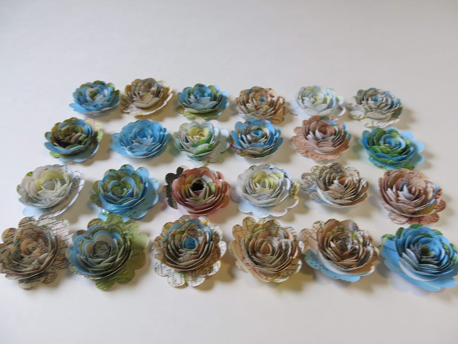 24 Small Scalloped World Atlas Map Paper Flowers, Handcrafted from Vintage Map Book Pages, 1.5–2" Roses