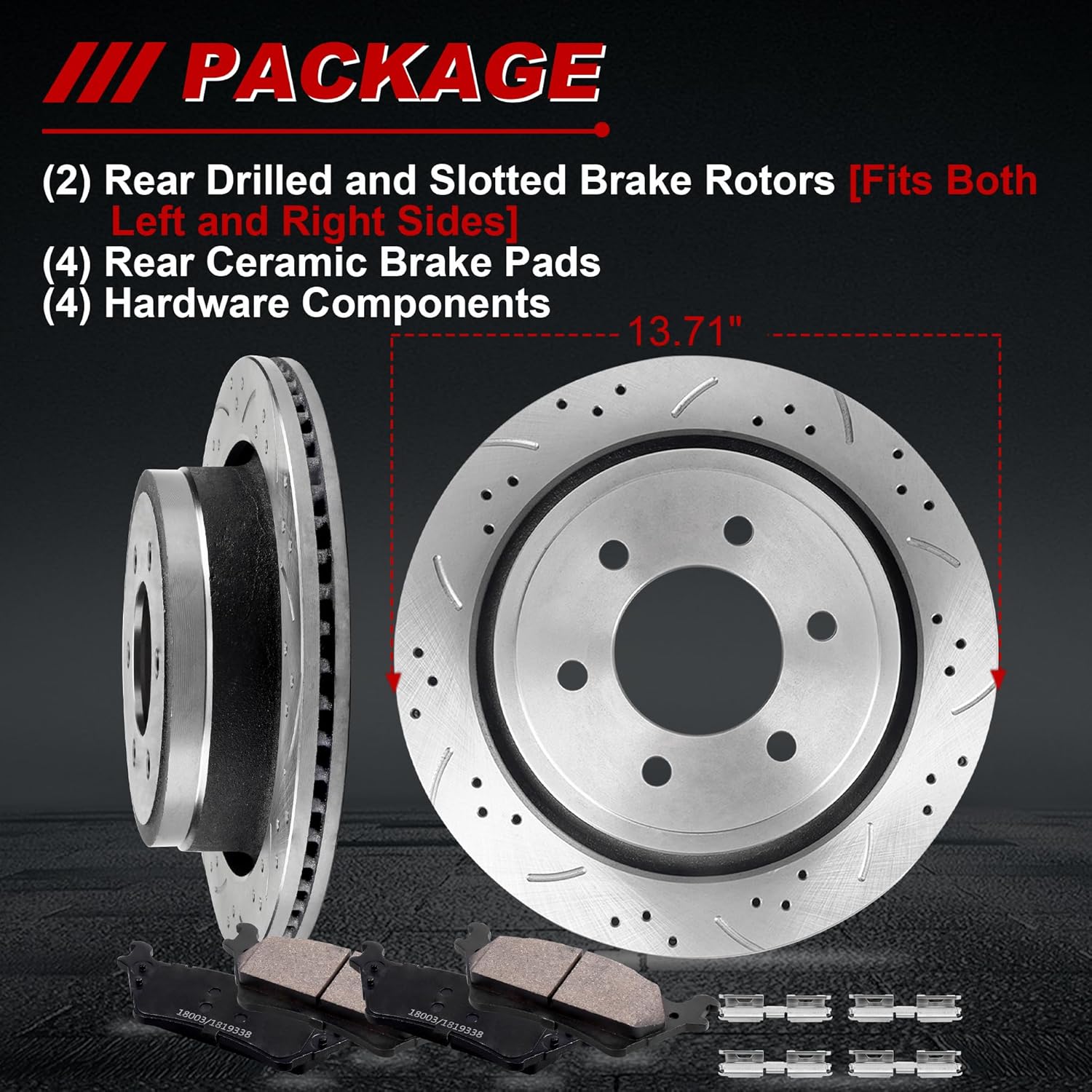 Rear Drilled and Slotted Brake Pads and Rotors Kit Ceramic Automotive Replacement Brake Kits Vented 13.70 Inch Compatible for Ford F150 Lobo 2012-2020 w/Manual Parking Brake (10 Pcs)