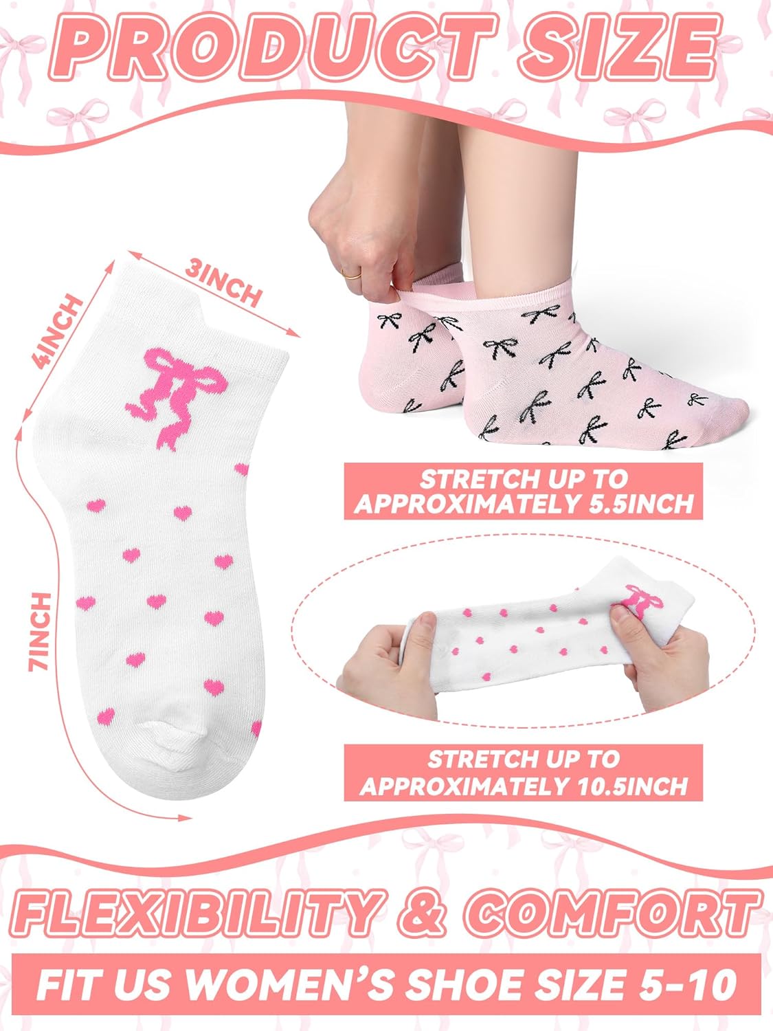 Shihanee 10 Pairs Coquette Bow Socks for Women Bulk Pink Bow Crew Cotton Socks for Birthday Valentine's Day Mom Sister Ladies Gift - Image 3
