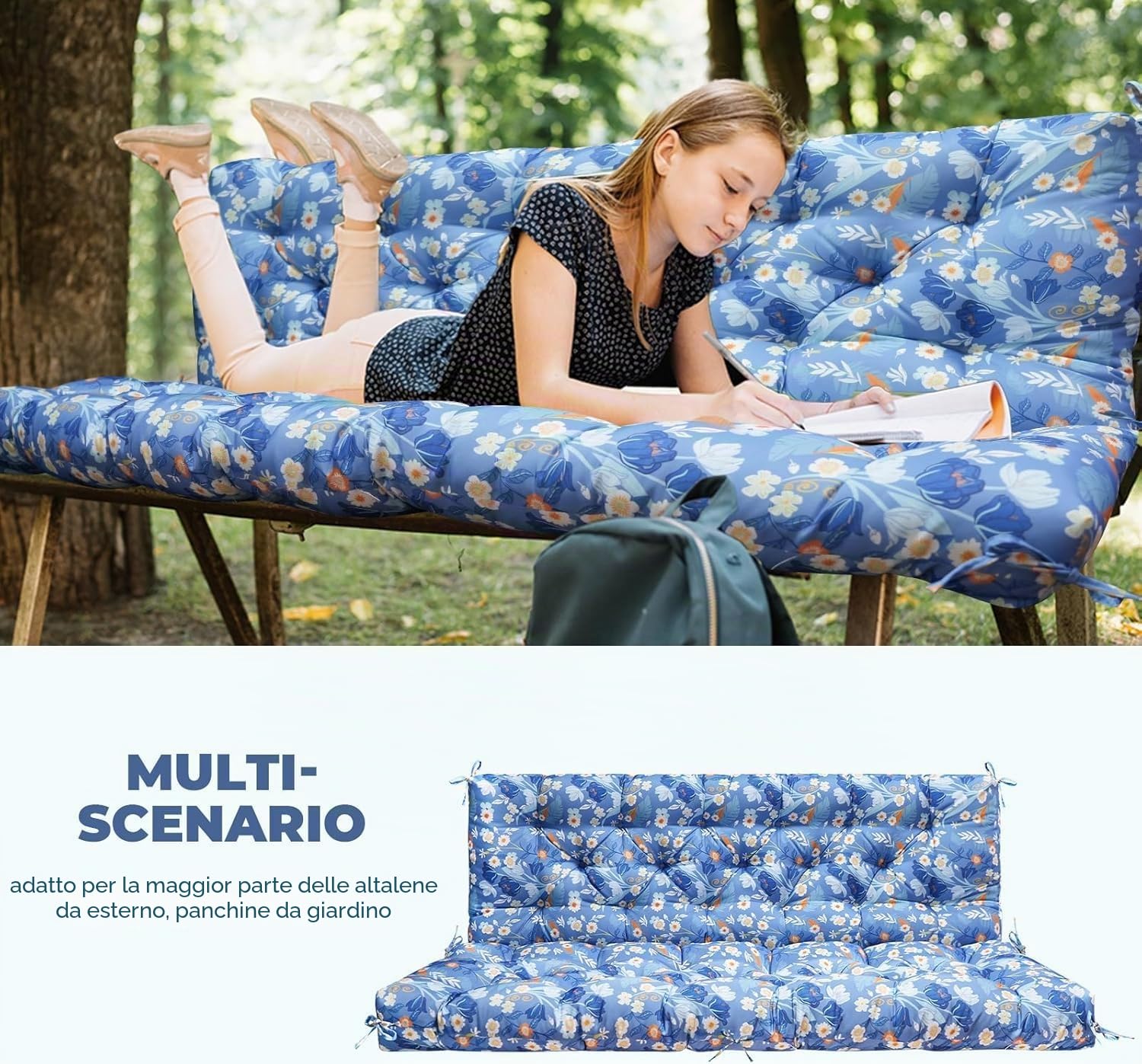 Cuscino spesso per panca da giardino a 2-3 posti, impermeabile, per dondolo da giardino, con schienale, sedia a sdraio da esterno, amaca e portico, con laccetti, per mobili a baldacchino (peonia blu