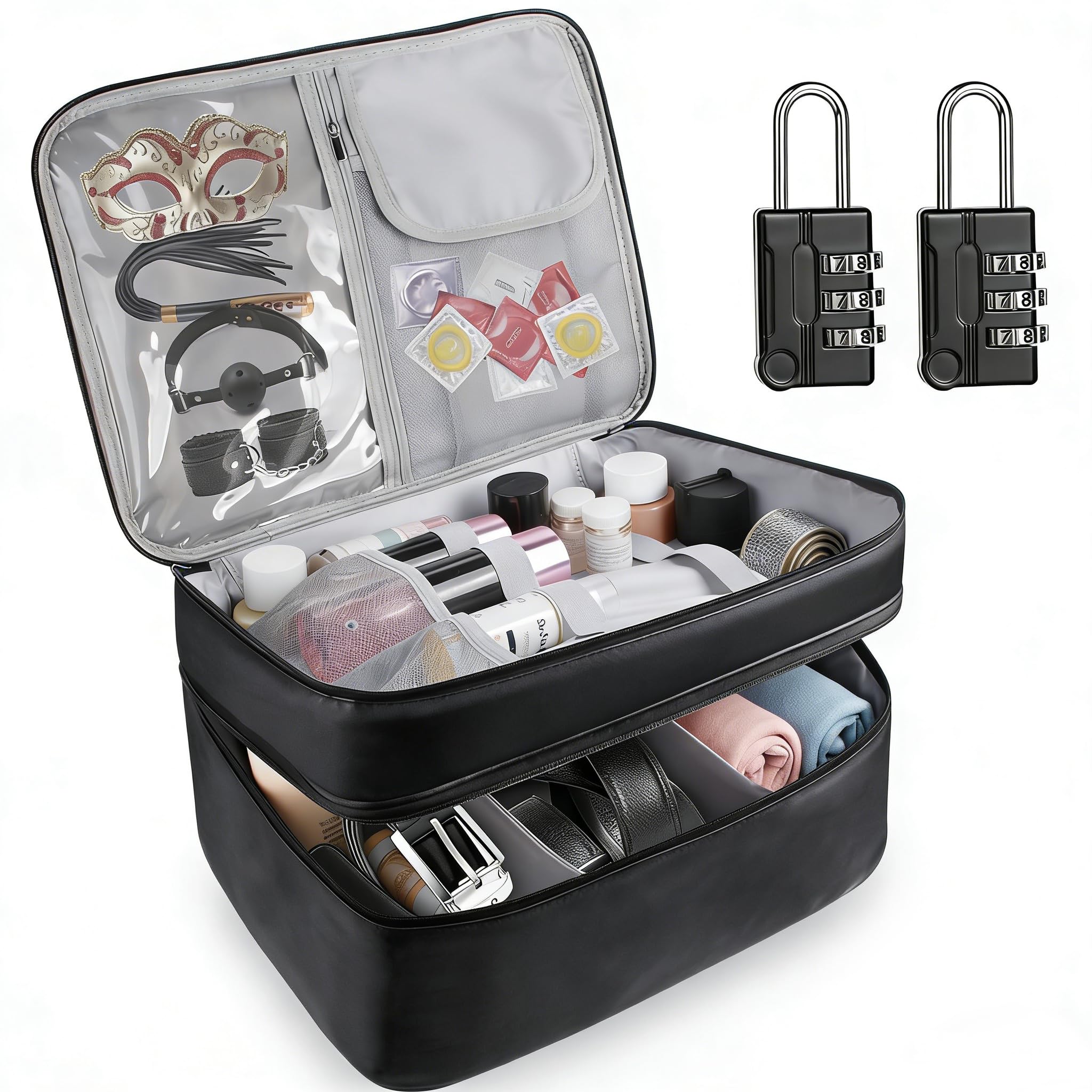 Large Lockable Adult Toy Storage Bag, Toy Box Adult Toy Gaming Storage Organizer Case,2-Layer Discreet Toy Bag with Dual Locks, Reusable StorageToy Bags for Women and Men with 6 Pcs Drawstring Bags