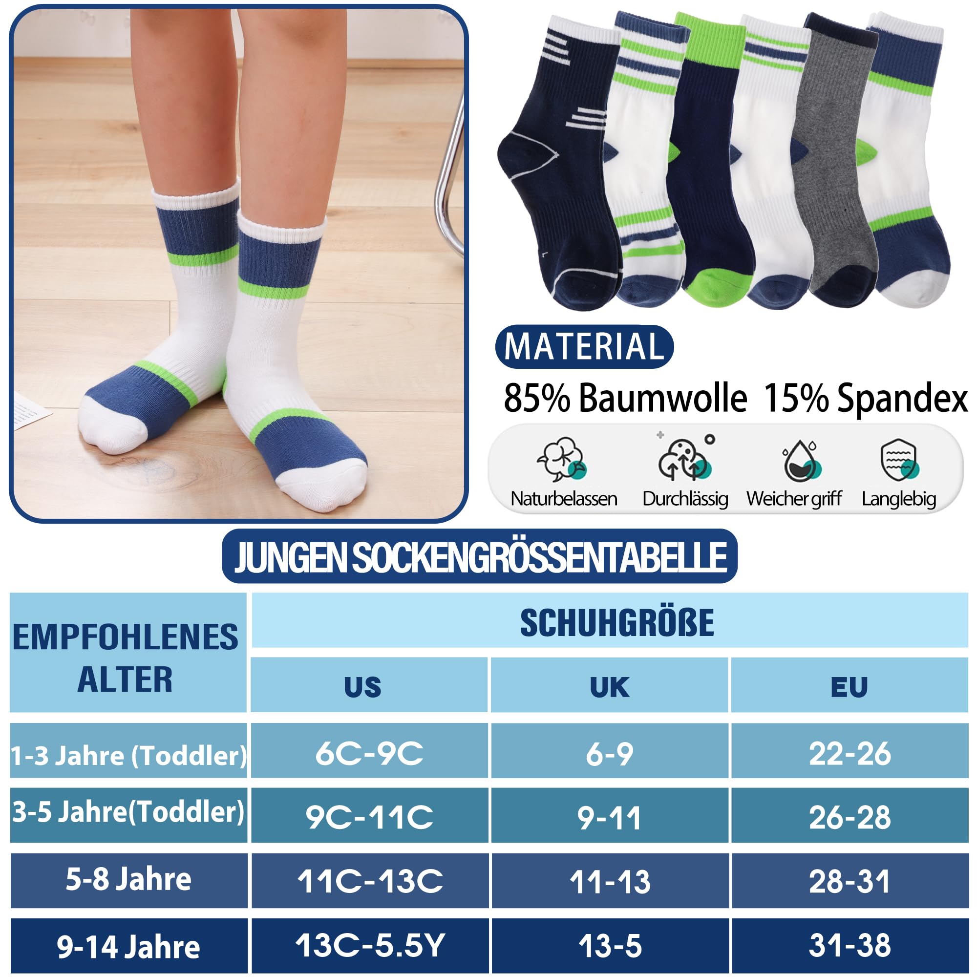 Welwoos Kinder Jungen Socken Sportsocken Atmungsaktiv Laufsocken Kompressions Baumwolle Kindersocken 6 Paare