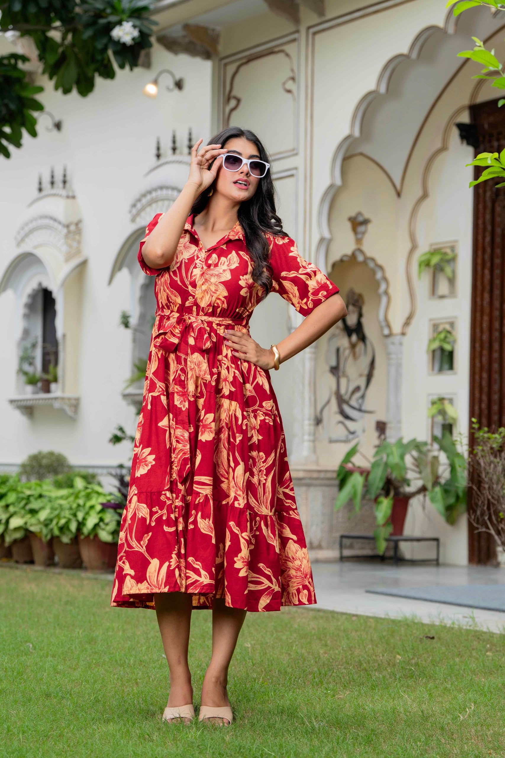 Jikonet Vestido occidental Anarkali con estampado floral para mujer, de una pieza, maxi, uso casual, cómodo vestido largo midi para mujer