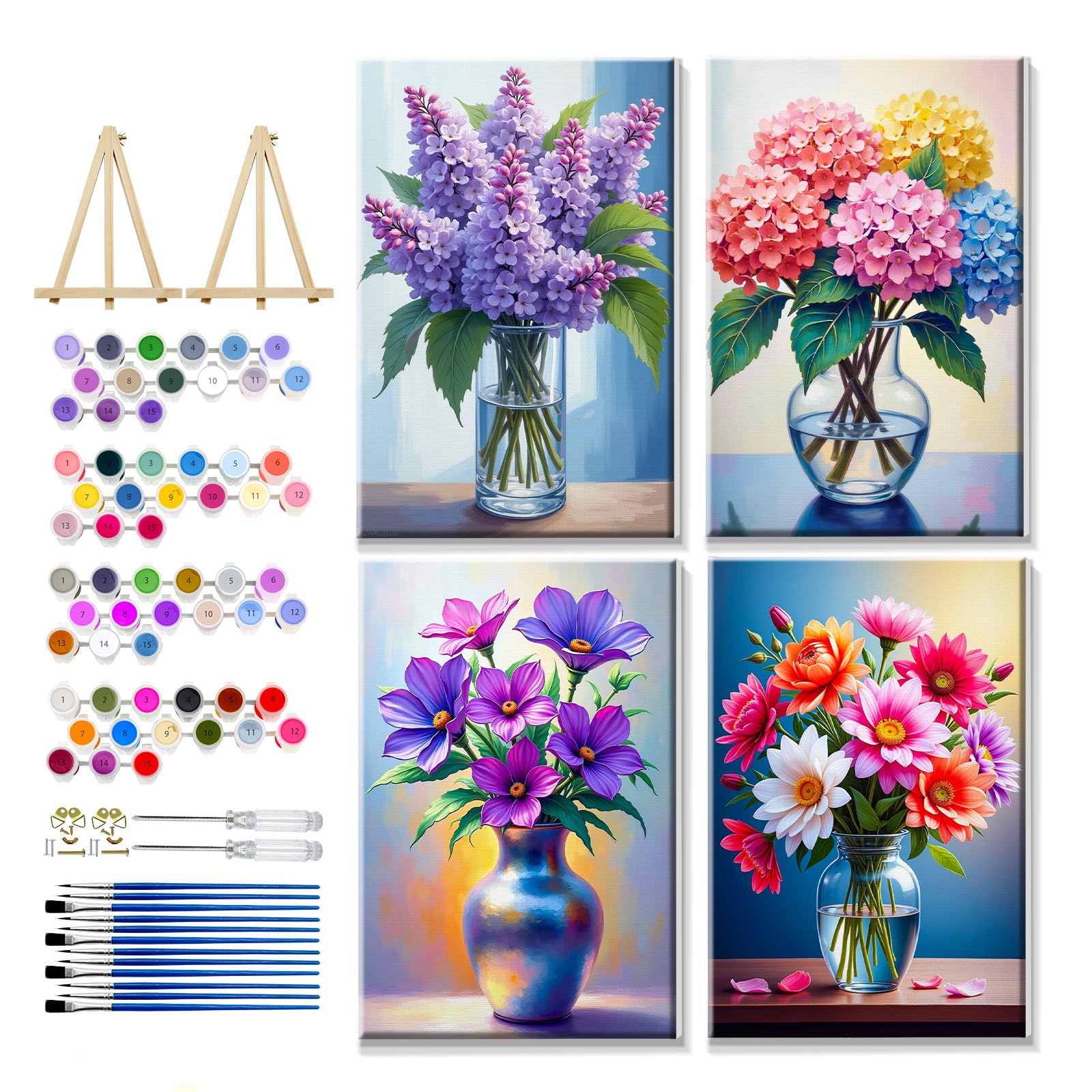 YOYA 4 Pack Framed Paint by Numbers Kit for Adults - Flowers Adult Paint by Number Kits on Canvas with Easel, DIY Flower Paint by Number Framed Canvas