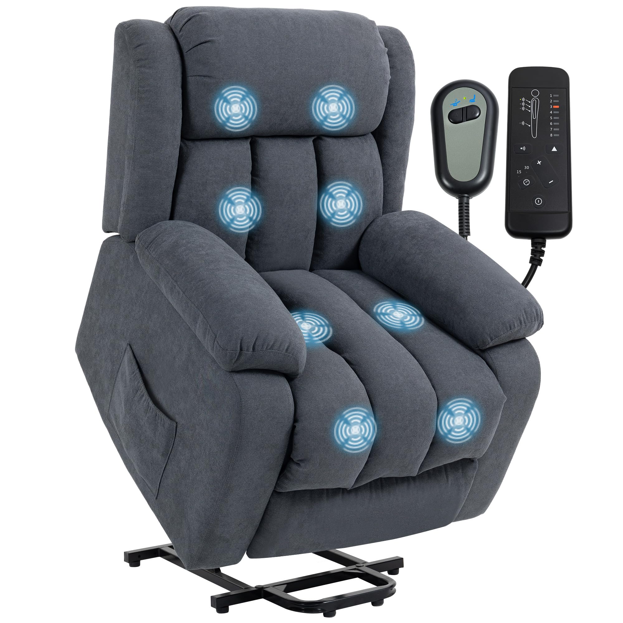 HOMCOM Poltrona Elettrica Alzapersona Reclinabile 135°, Poltrona Relax Massaggiante 8 Punti in Tessuto Effetto Lino Traspirante per Anziani con Telecomando, Poggiapiedi, Tasca Laterale, Grigio Scuro