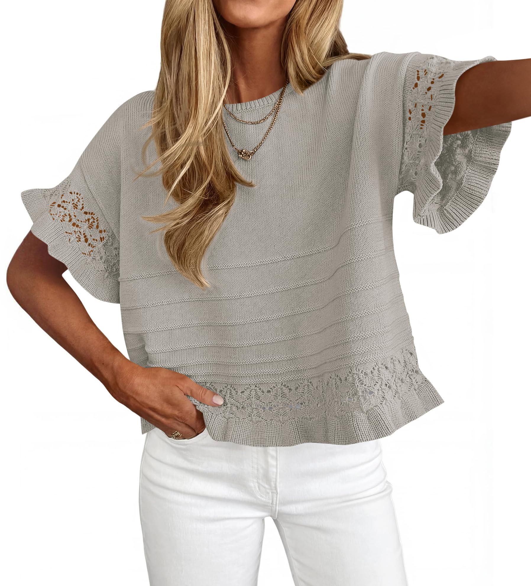 kirundo Short Sleeve Sweater for Women 2026 Spring Summer Tops Crochet Round Neck Ruffled Hem Knit Pullover Casual Blouse-picture-55