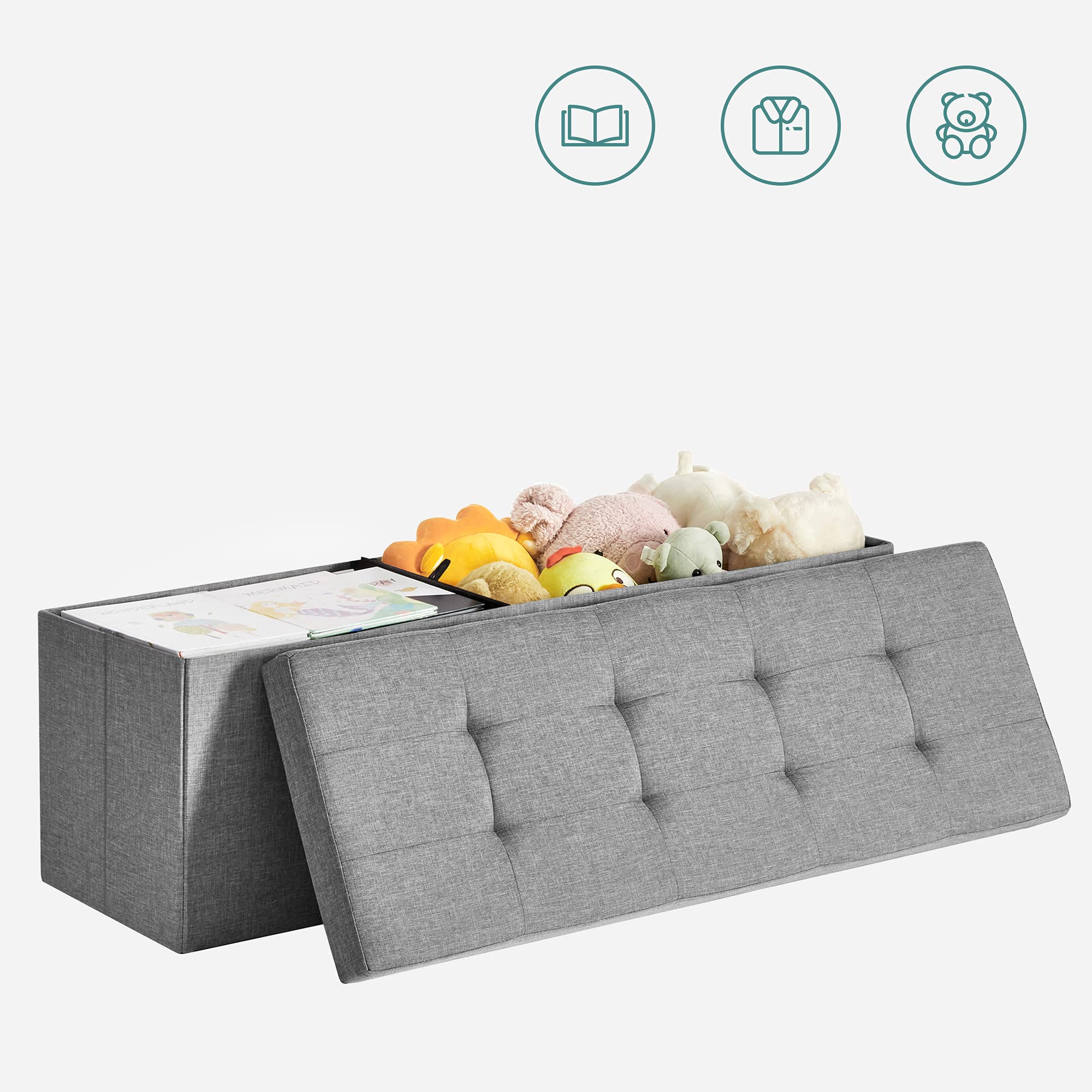 SONGMICS Mazie Collection - Banc de Rangement, Repose-Pieds Pliable de 110 cm, Bout de Lit, Montage Facile, pour Salon, Chambre, Entrée, Gris Clair LSF77G