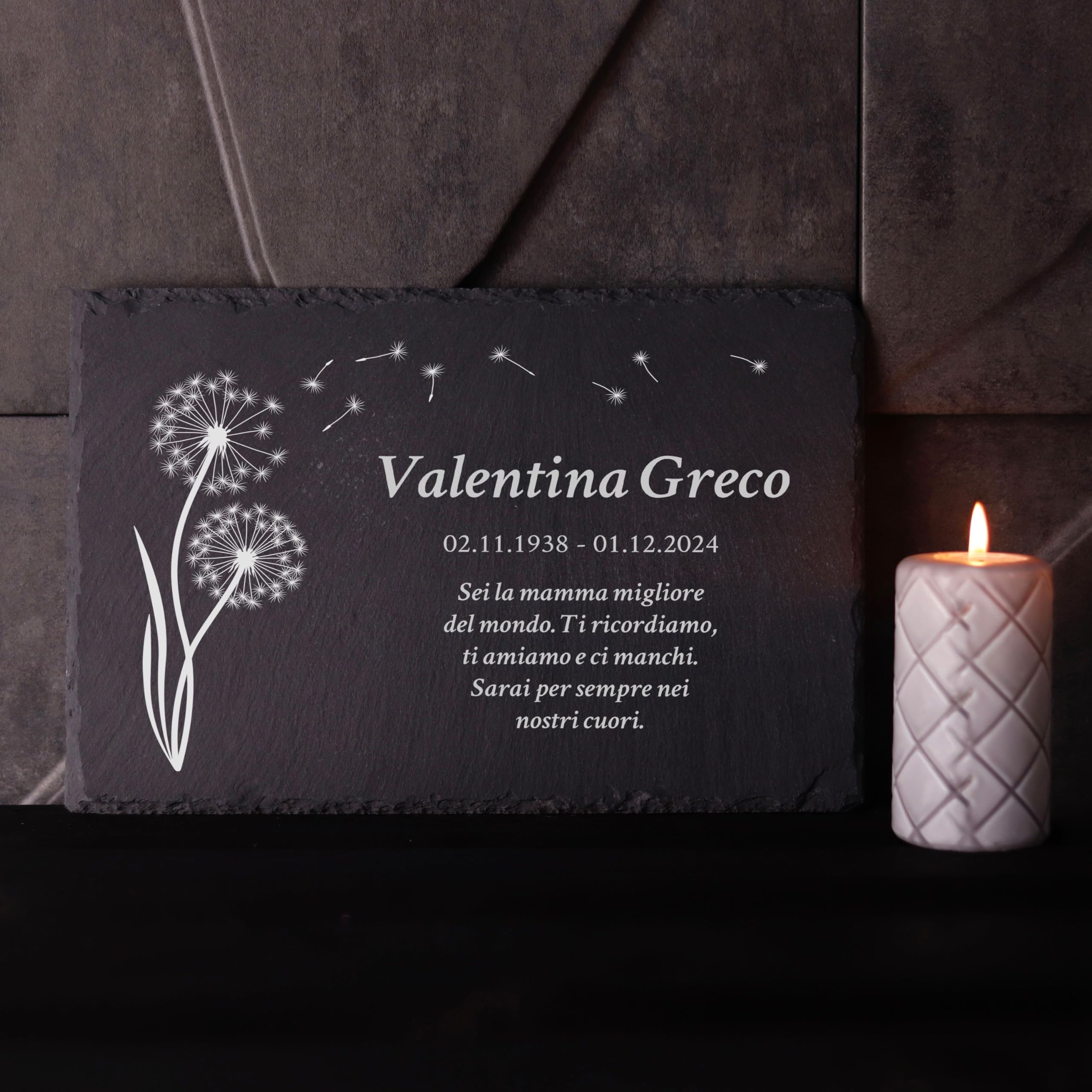 LAUBLUST Lapide personalizzata come decorazione funeraria con testo desiderato | Lastra in ardesia incisa come targhetta funebre - Motivo soffione, 3 dimensioni | Belle lapidi con nome