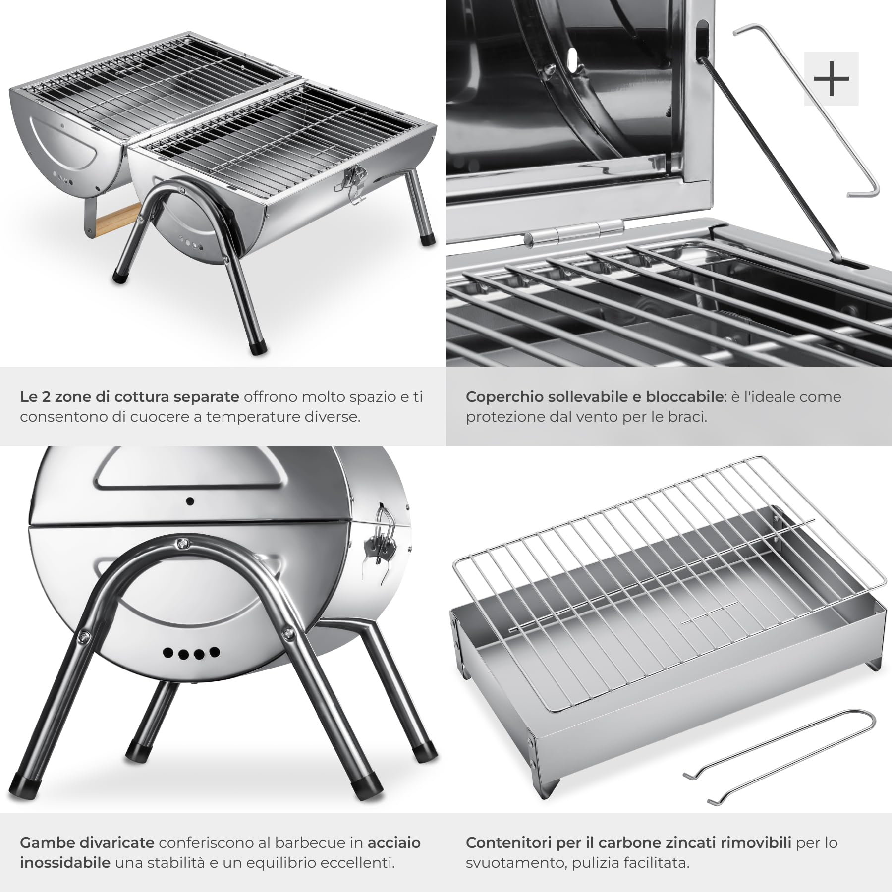 tectake®, Barbecue Portatile 2 in 1 in Acciaio Inox, Barbecue Carbonella Pieghevole da Tavolo, Griglia doppia con 2 vasche carbone, BBQ da Campeggio, per Giardino, Balcone e Picnic, 2 Pinze