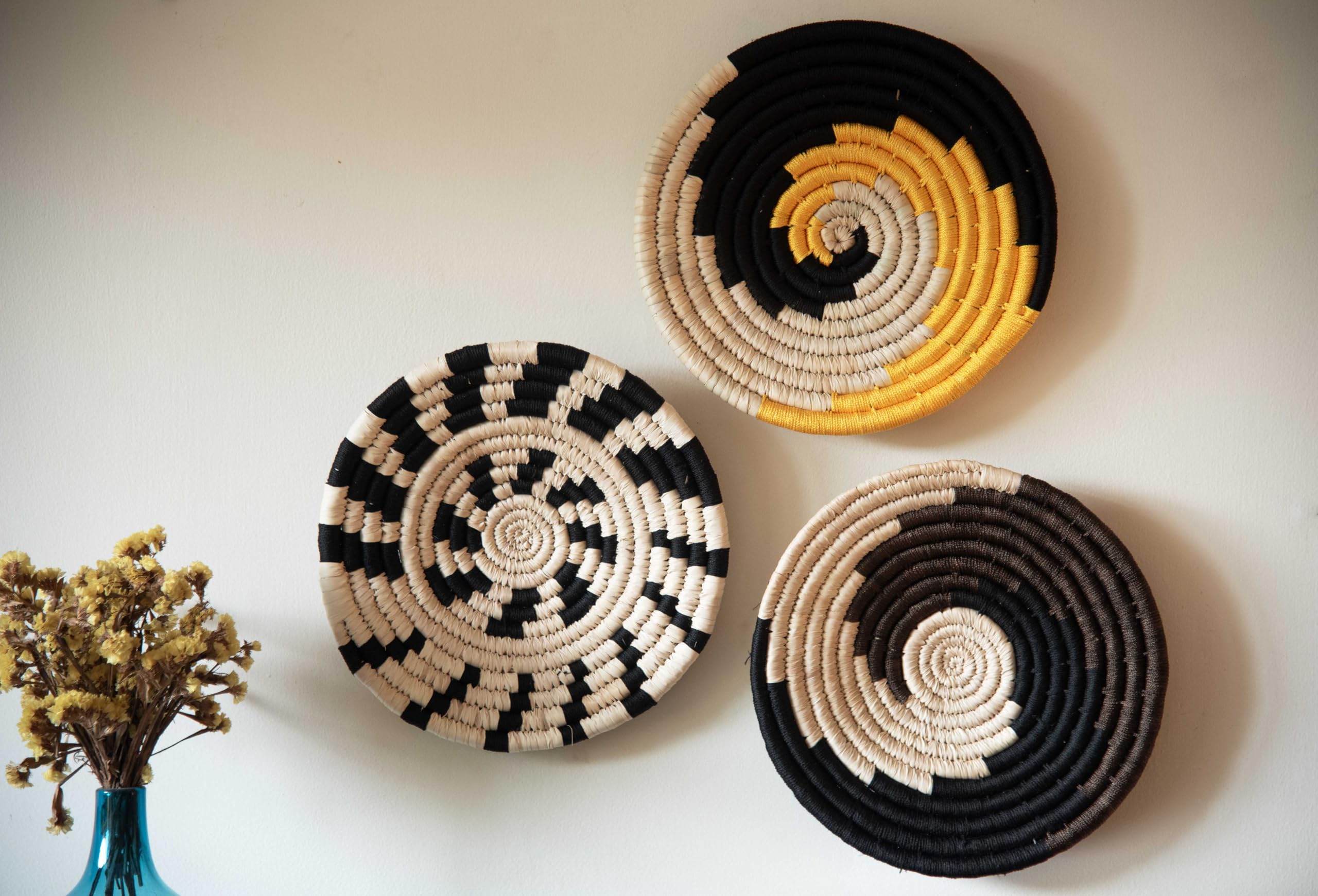 Gulaabi Ghar Handcrafted Wall Decor Plates, Home Decor for Living Room, Sabai Grass Handwoven Baskets, Wall Art, Set of 3, 10 inches Each