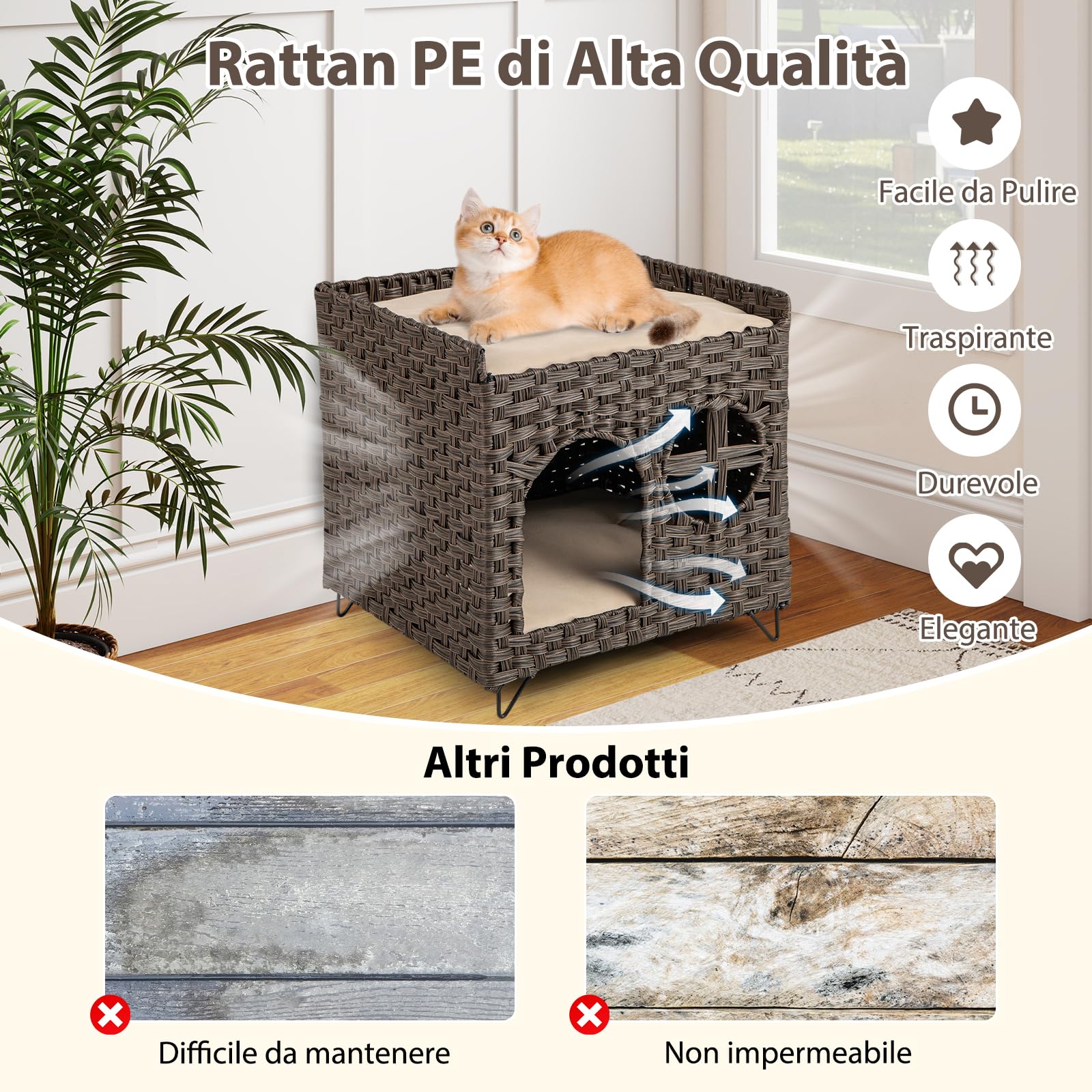 COSTWAY Casetta per Gatti in Rattan 50,5 x 45 x 50 cm, Cuccia a 2 Piani per Gatti con 2 Cuscini, Letto per Animali Domestici per Camera da Letto e Soggiorno