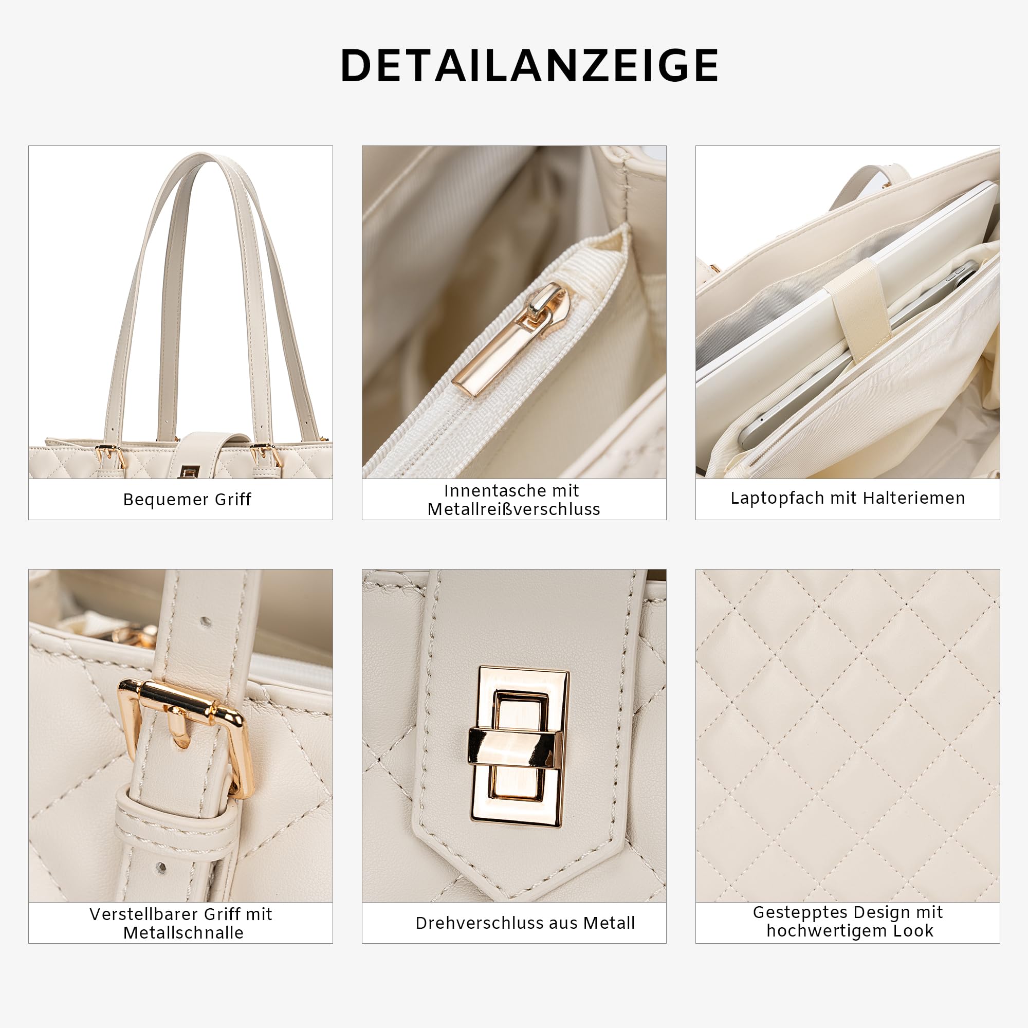 BAGOK Quilted Laptoptasche Damen aus PU Leder, Arbeitstasche Shopper Tote, Lehrertasche Nurse Bag, große Kapazität, passend für Laptops bis zu 14 Zoll, für Büro, Uni und Alltag