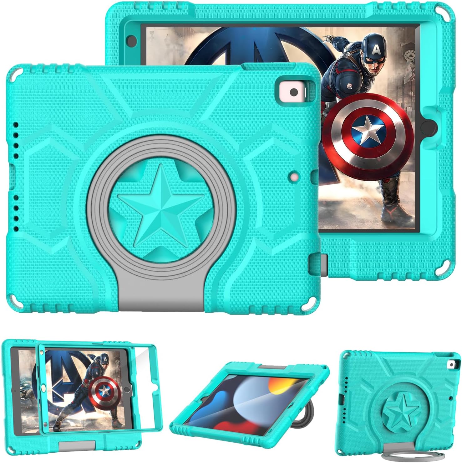 DICEKOO Kids Case for iPad 9th/8th/7th Generation 10.2 inch 2021/2020/2019 Release, with Built-in Screen Protector Shockproof Handle Stand Kids Cover for Apple iPad 10.2" - Cyan