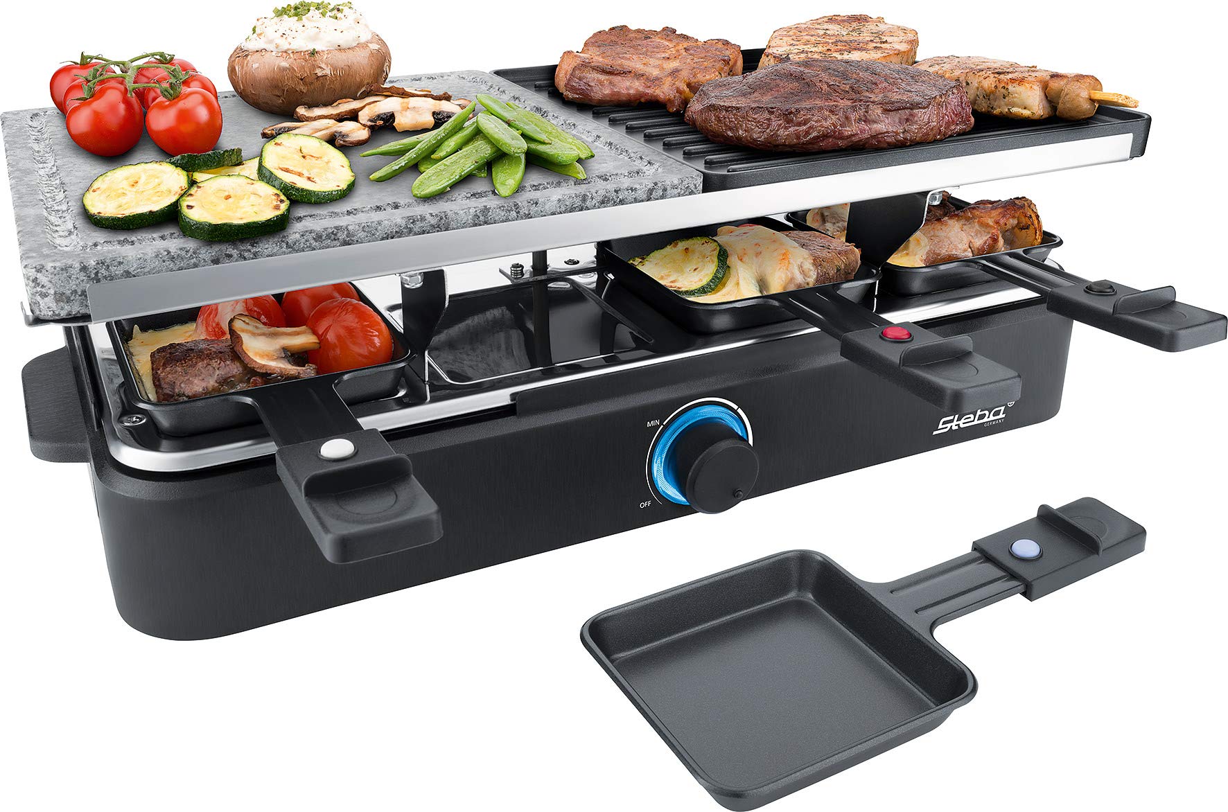 Raclette Steba RC 18 Con Pietra Naturale – 1400W, Piastra Grill Antiaderente, 8 Padelle E Spatole, Regolazione Continua Della Temperatura