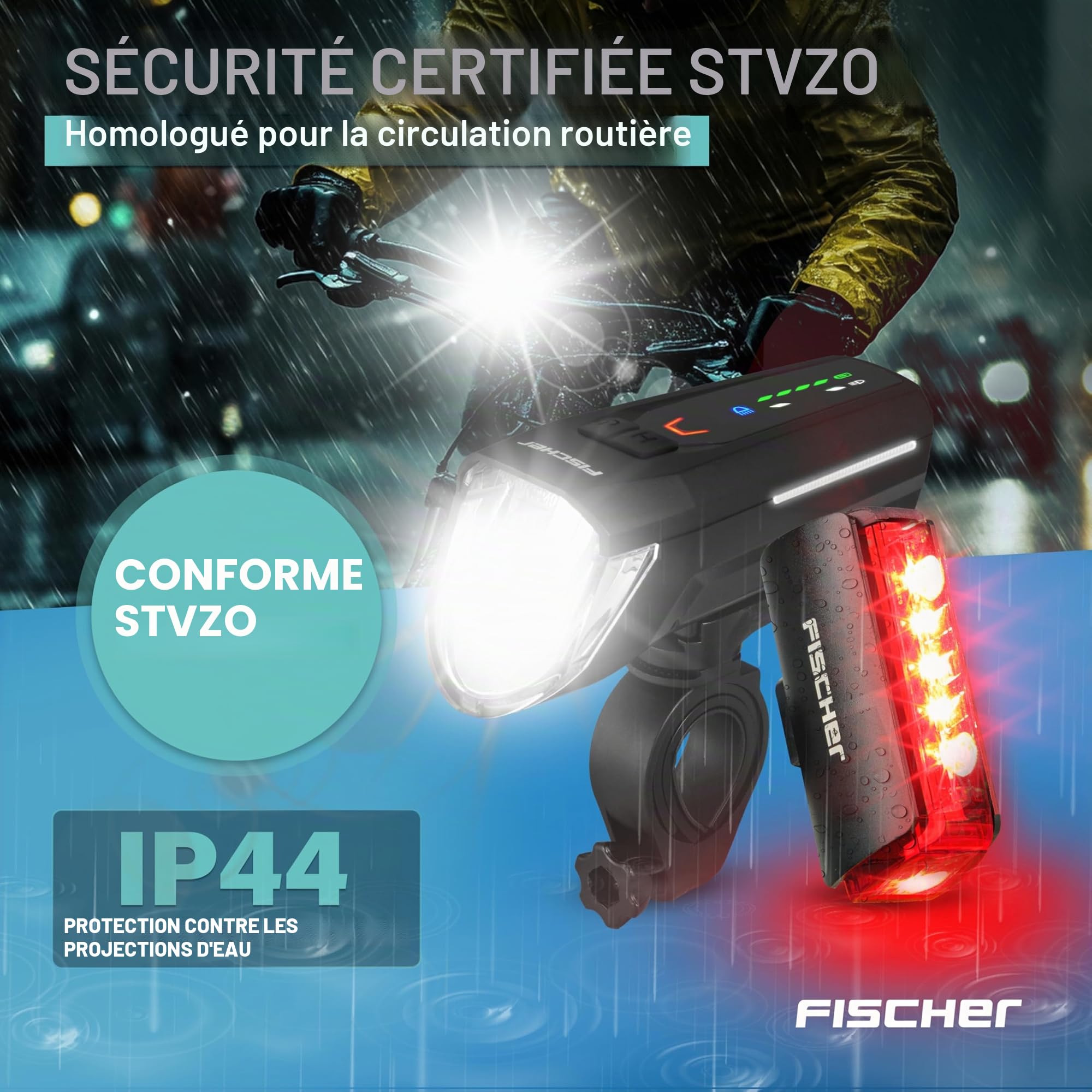 FISCHER Twin Stop 100 Lux Kit d'éclairage LED pour vélo avec Feux de Route et Mode capteur, Longue durée de Vie, boîtier en Aluminium Robuste, Noir, 1 pièce