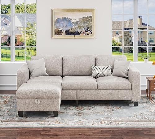 Miniatura 8 de Sofás seccionales para sala de estar, sofá convertible en forma de L con otomana de almacenamiento, sofá moderno de lino marrón moca, juego de