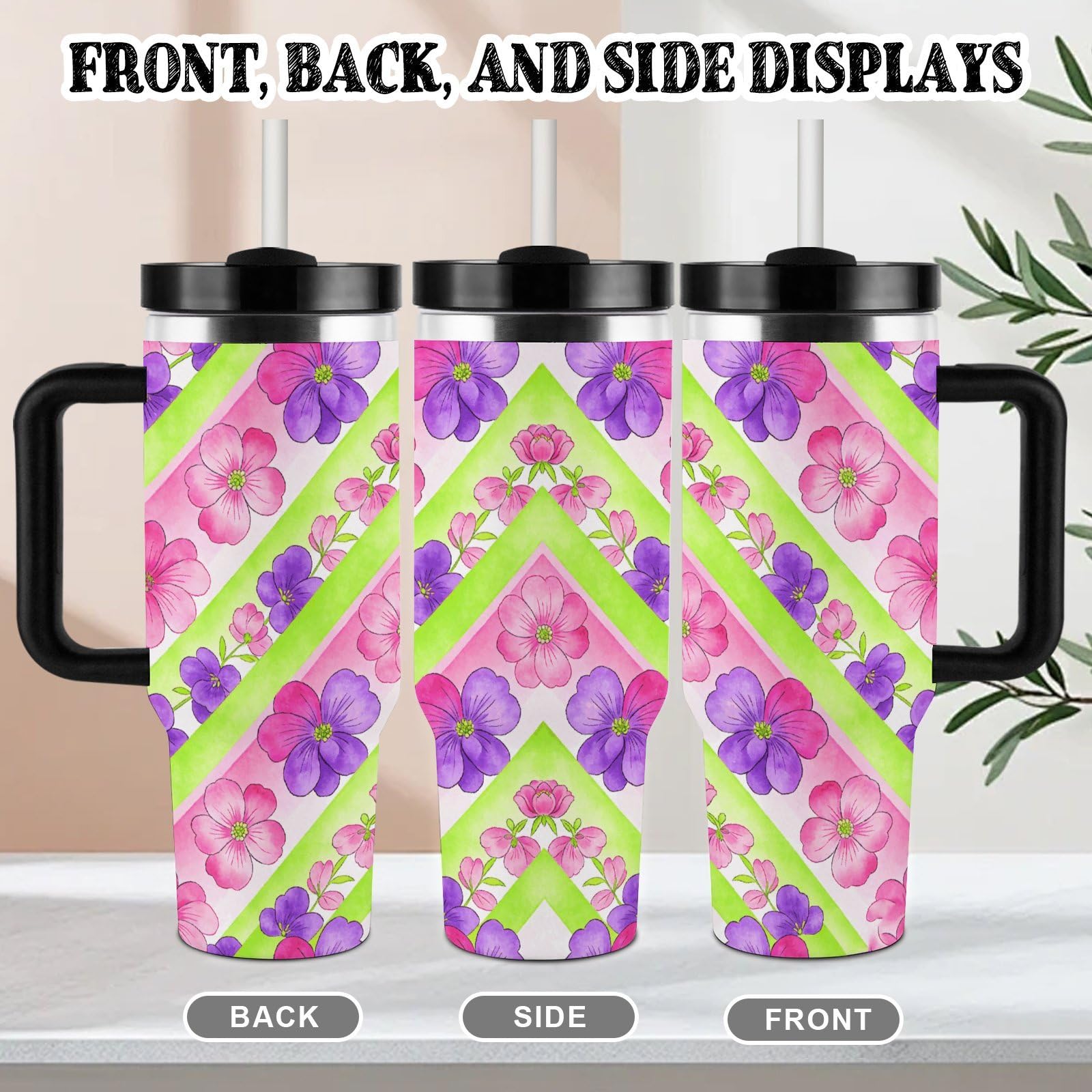 Chevron Blooms - Vaso de café de viaje de acero inoxidable, taza de café con tapa y popote, taza con asa, gran capacidad, doble pared al vacío, a prueba de fugas, taza térmica de café helado