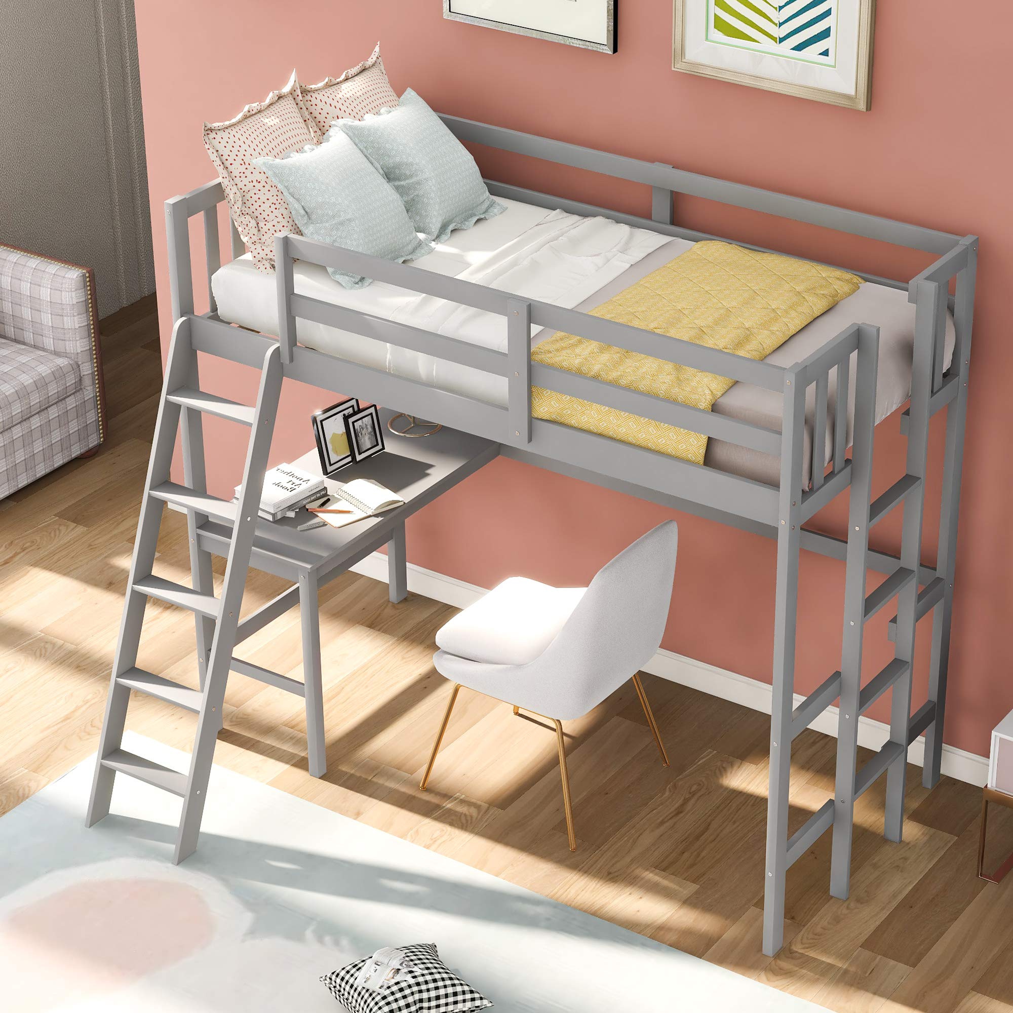 Merax Wooden Loft Bed Twin Size Loft Bed with Desk and Two Ladders Loft Bed for Kids
