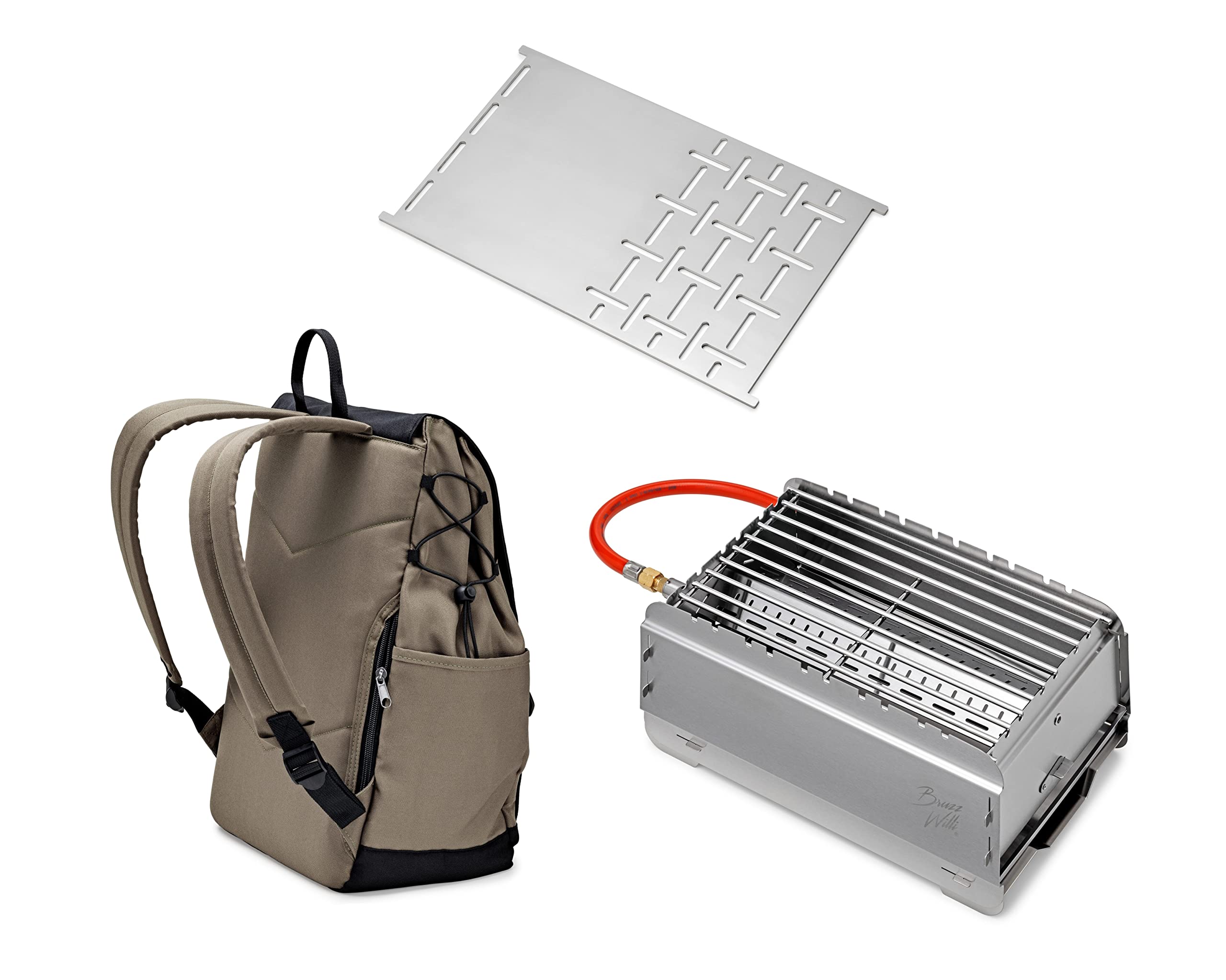 50 mbar Gasgrill BRUZZ WILLI BW1.1 mit Wanderrucksack und Edelstahl-Plancha