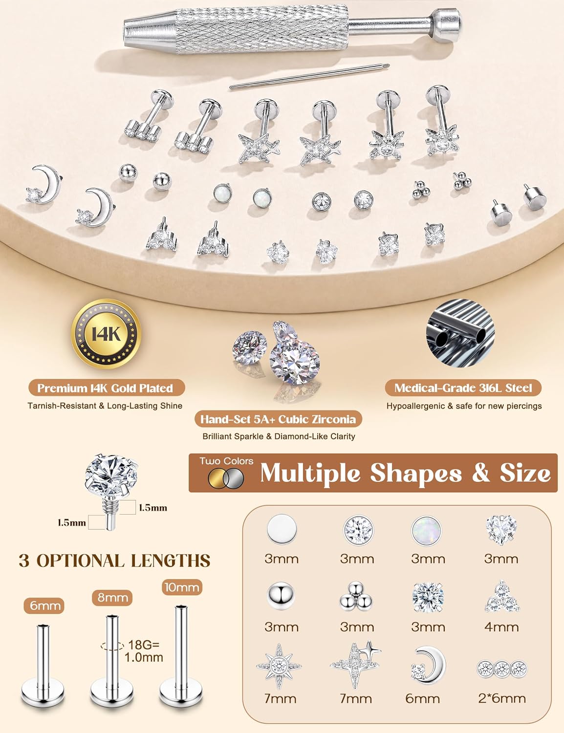 Drperfect 16G/18G Flat Back Stud Earrings for Women, Hypoallergenic Surgical Steel Gold Silver Plated Internal Thread Stud Piercing Jewelry for Tragus Helix Cartilage Conch Nose Lip Medusa Piercing