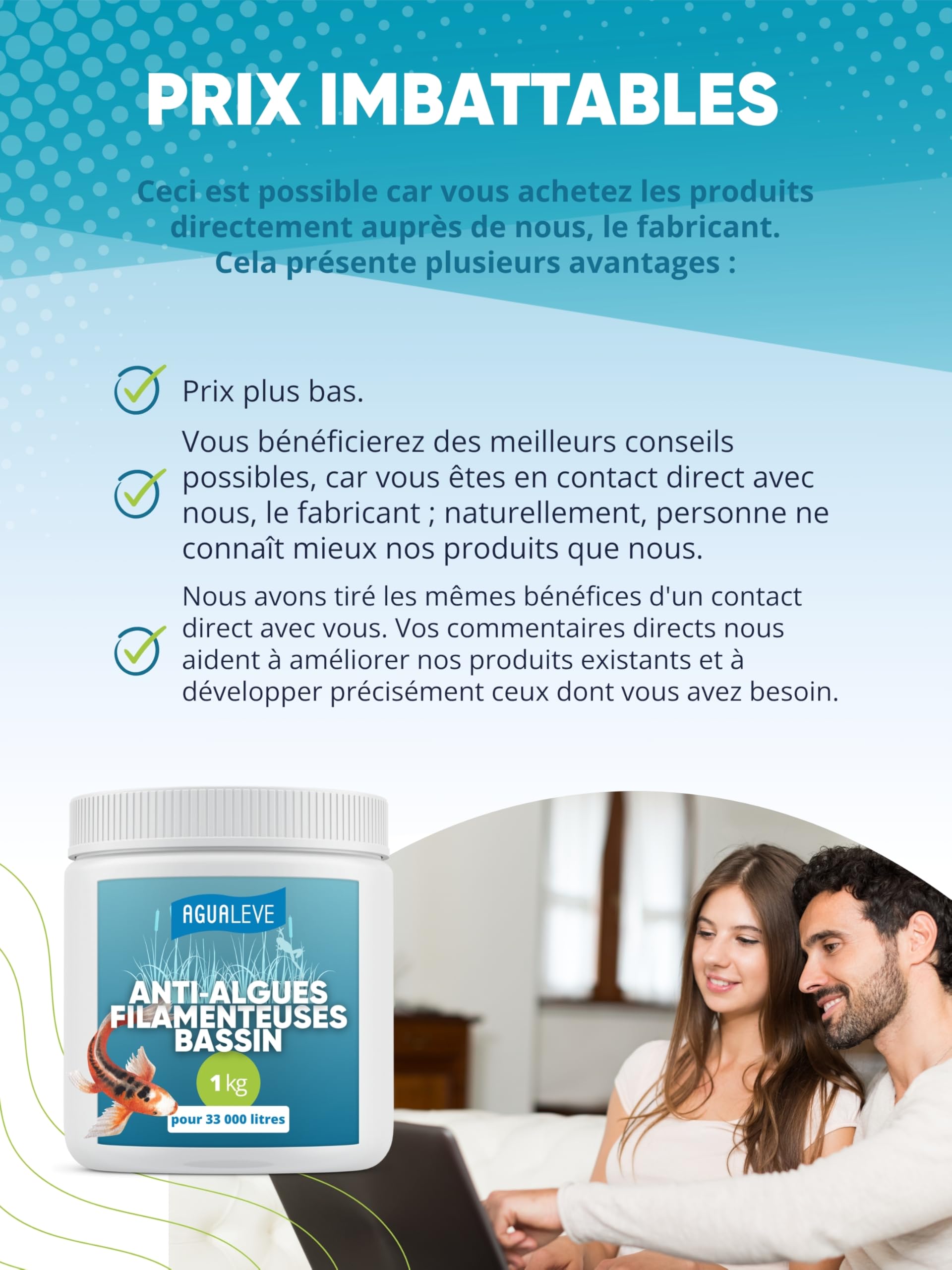 AGUALEVE Destructeur d’algues filamenteuses pour Bassin – Granulés pour Application ciblée sur Les algues – Dosage indicatif 30 à 50 g pour 1 000 L – Guide d’Entretien numérique Inclus