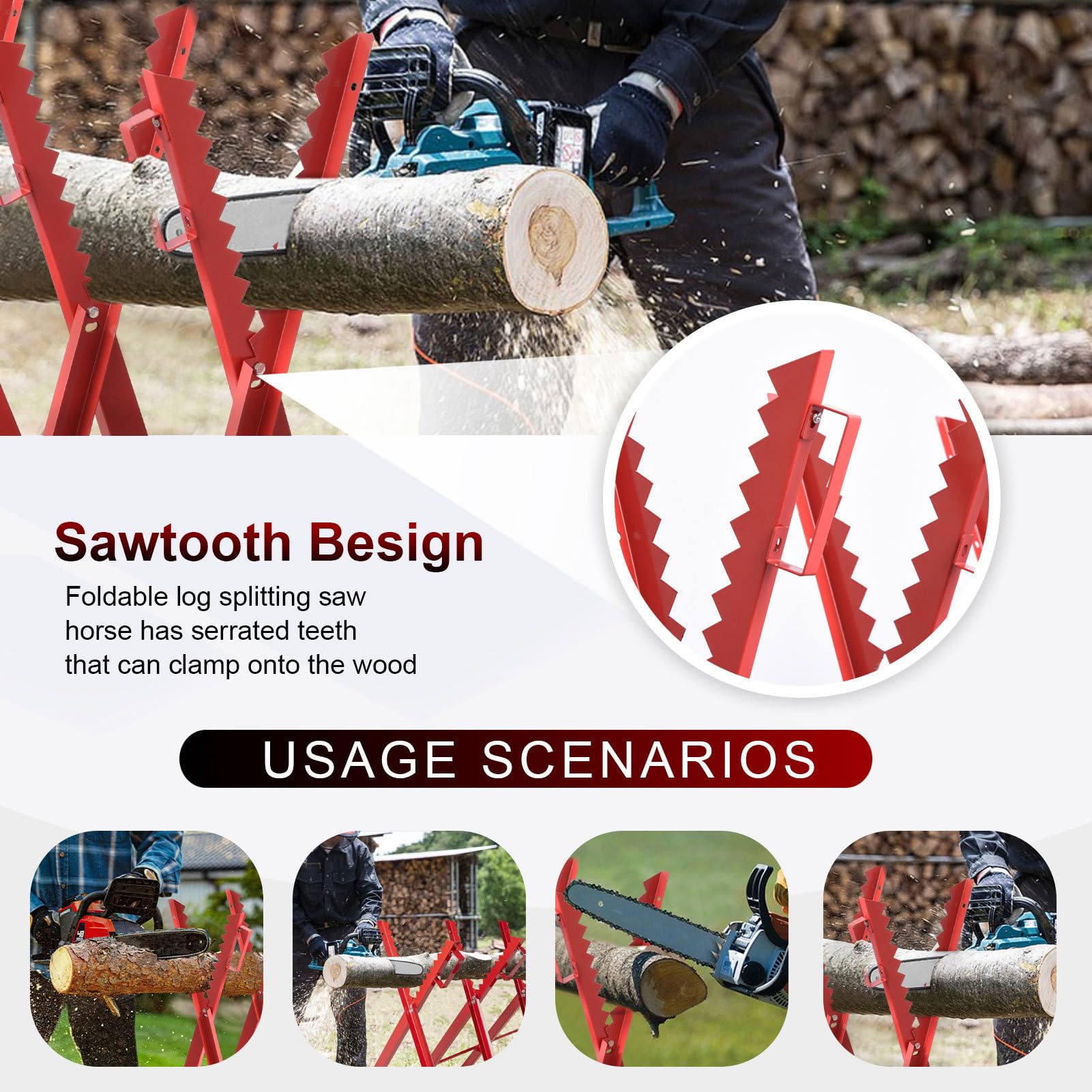 Generisch Chevalet de sciage pliable réglable en hauteur 80 x 80 cm – Pour troncs jusqu'à 40 cm de diamètre | Tréteau de travail stable avec support dents pour bois de chauffage, atelier et jardin |