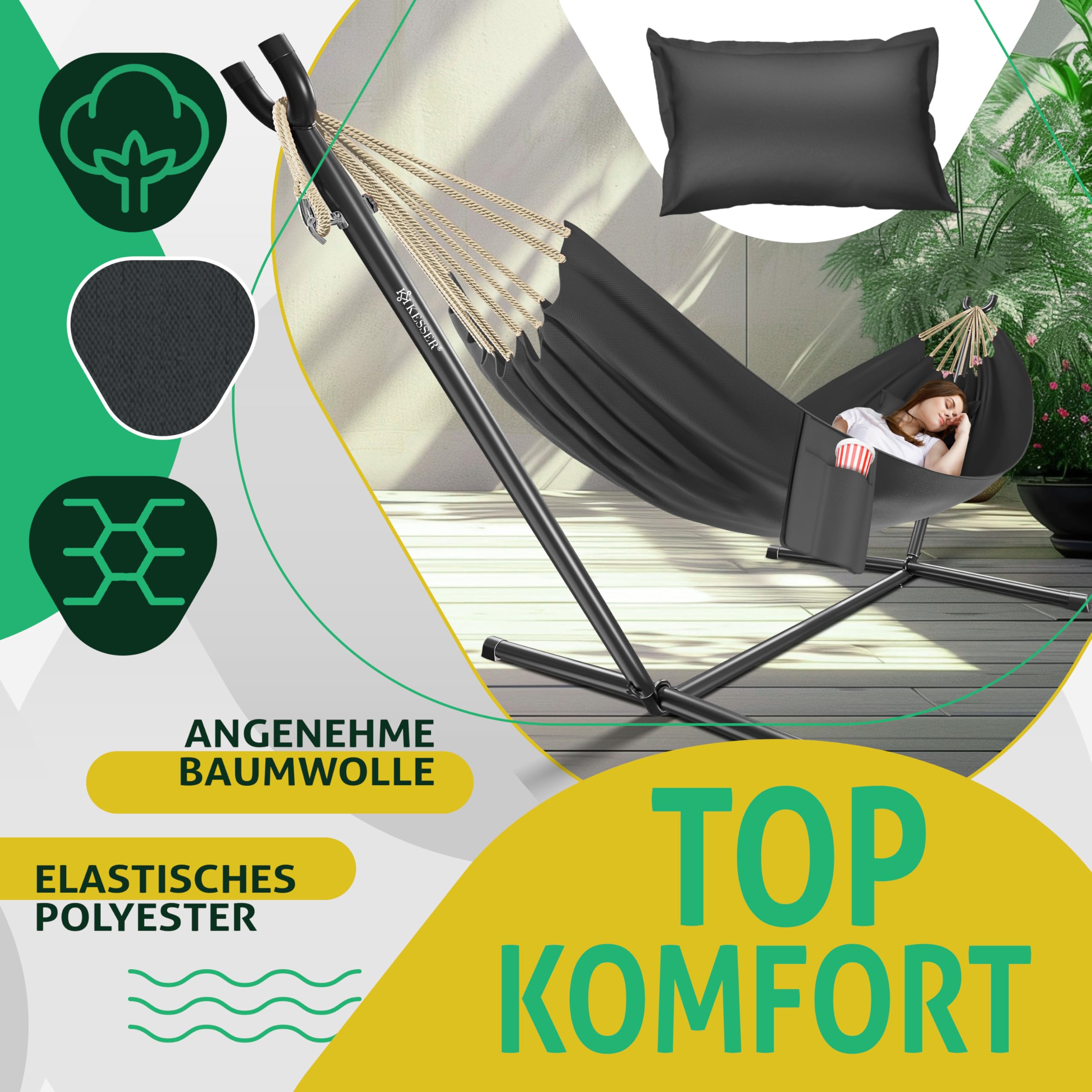 KESSER® Hängematte Lake mit Gestell, Doppel für 2 Personen, 200kg Belastbarkeit, Indoor & Outdoor, XXL Hängesessel, Garten, Pool, Balkon, Terrasse, Inkl. Kissen, Beutel & Tasche, Anthrazit
